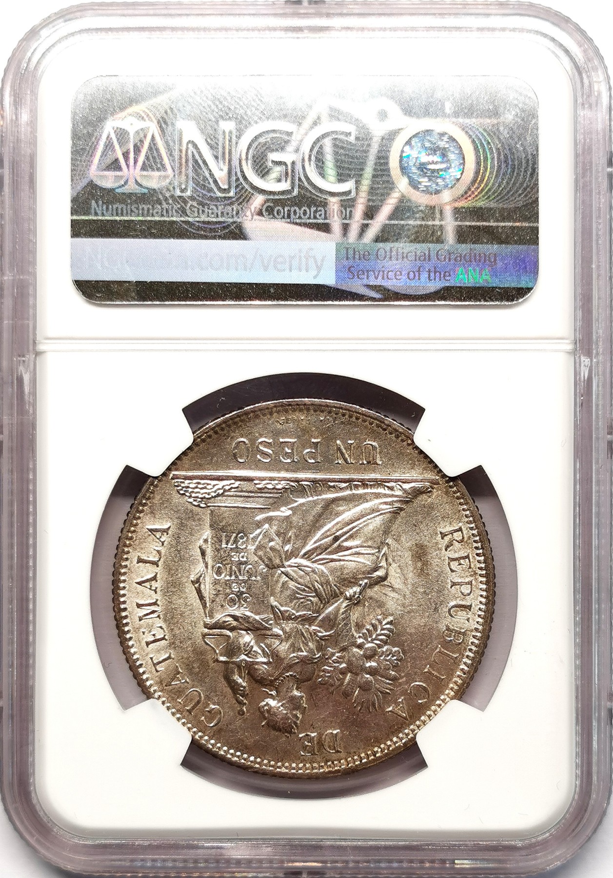 凡希社世界钱币微拍第二百五十八期 1896危地马拉执丰饶角的正义女神比索大银NGC-MS63淡彩银光品！
