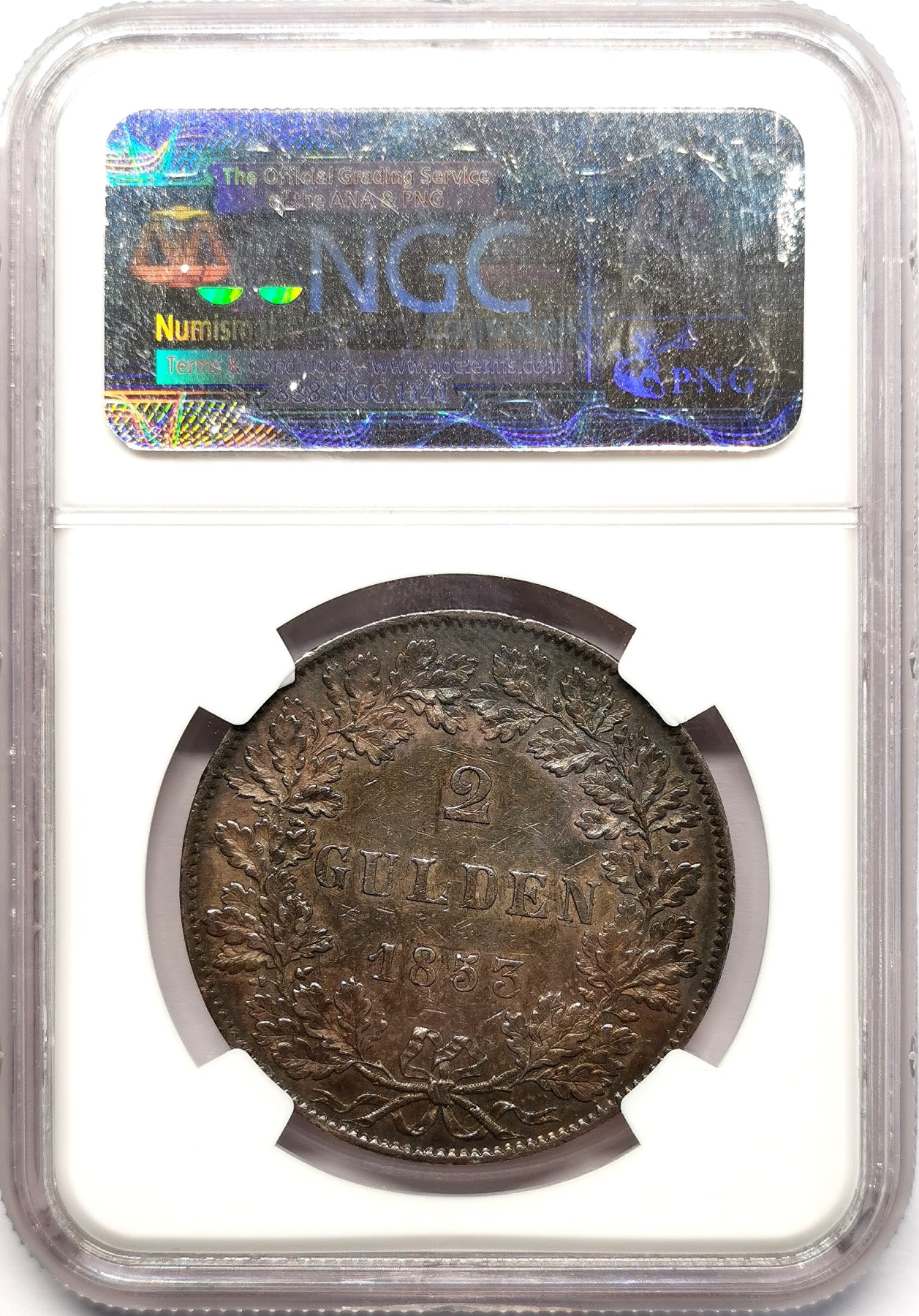 凡希社世界钱币微拍第二百五十八期 1853法兰克福自由市2盾流通银币NGC-AU58迷人的黑彩！