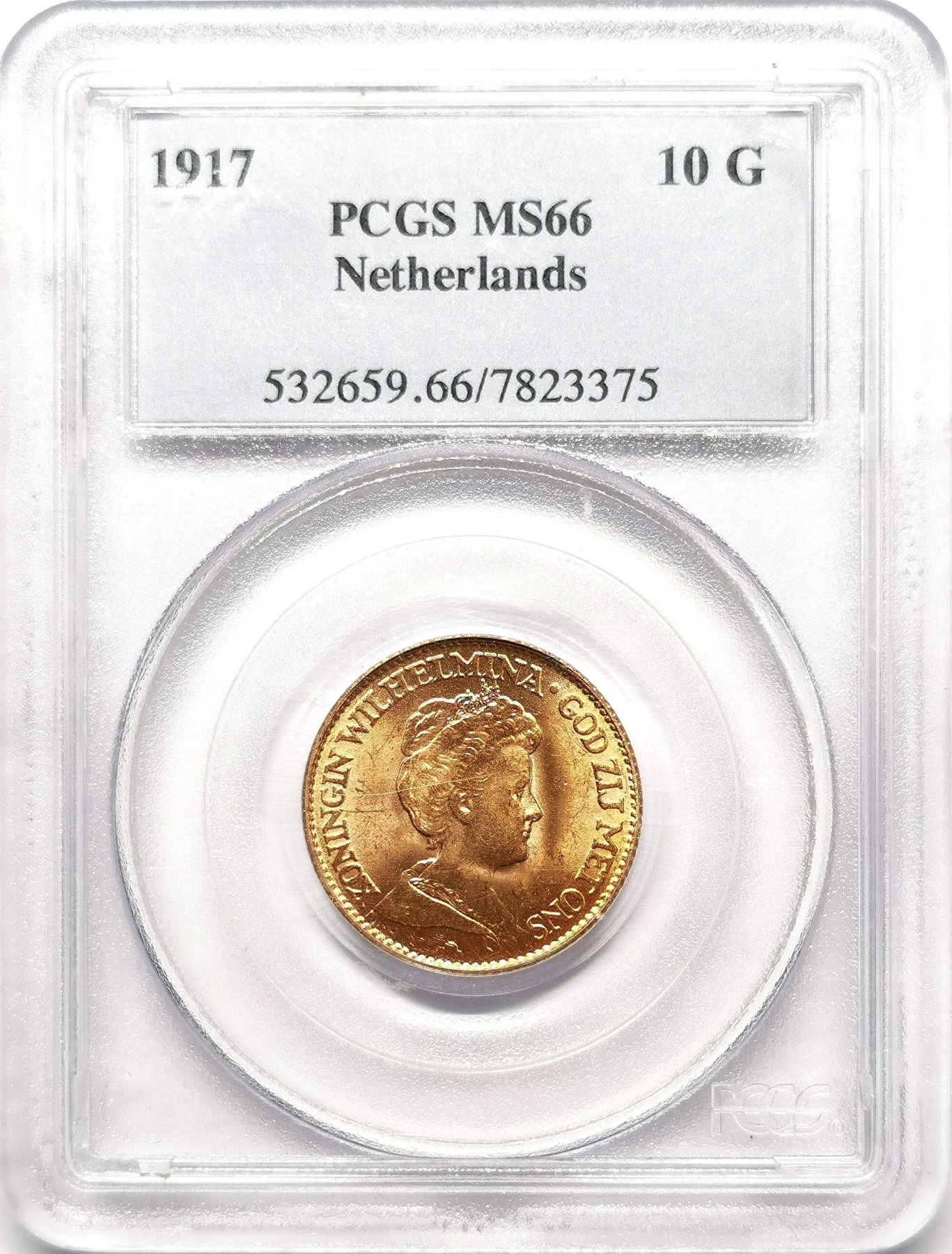凡希社世界钱币微拍第二百五十八期 1917荷兰威廉敏娜10盾金币PCGS-MS66高分！ 6.729g，900金