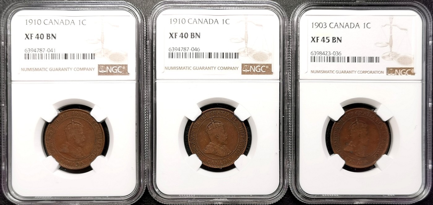 凡希社世界钱币微拍第二百五十八期 1903/10加拿大爱七壹分铜币三枚一组NGC