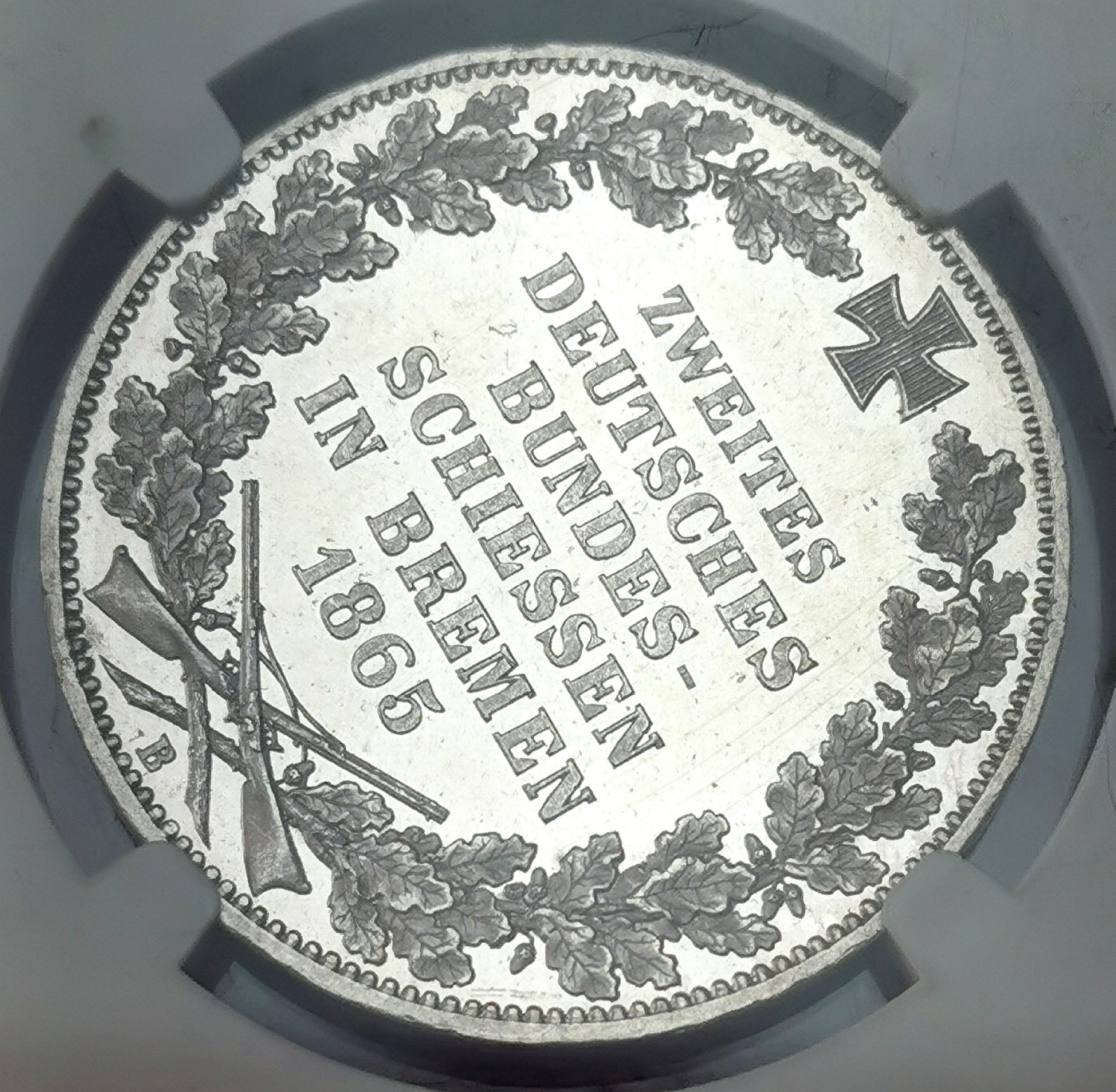 凡希社世界钱币微拍第二百五十八期 荐！1865不来梅射击节泰勒精铸NGC-PF65CAMEO，深度镜面，强烈的视觉冲击感，必定是德系藏家爱不释手的一枚！