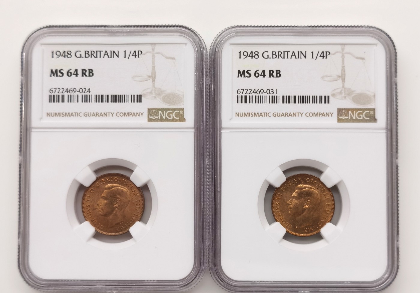 博洋堂世界钱币拍卖第060期（全场包邮） NGC MS64RB 英国1948年乔治六世1/4便士2枚一对
