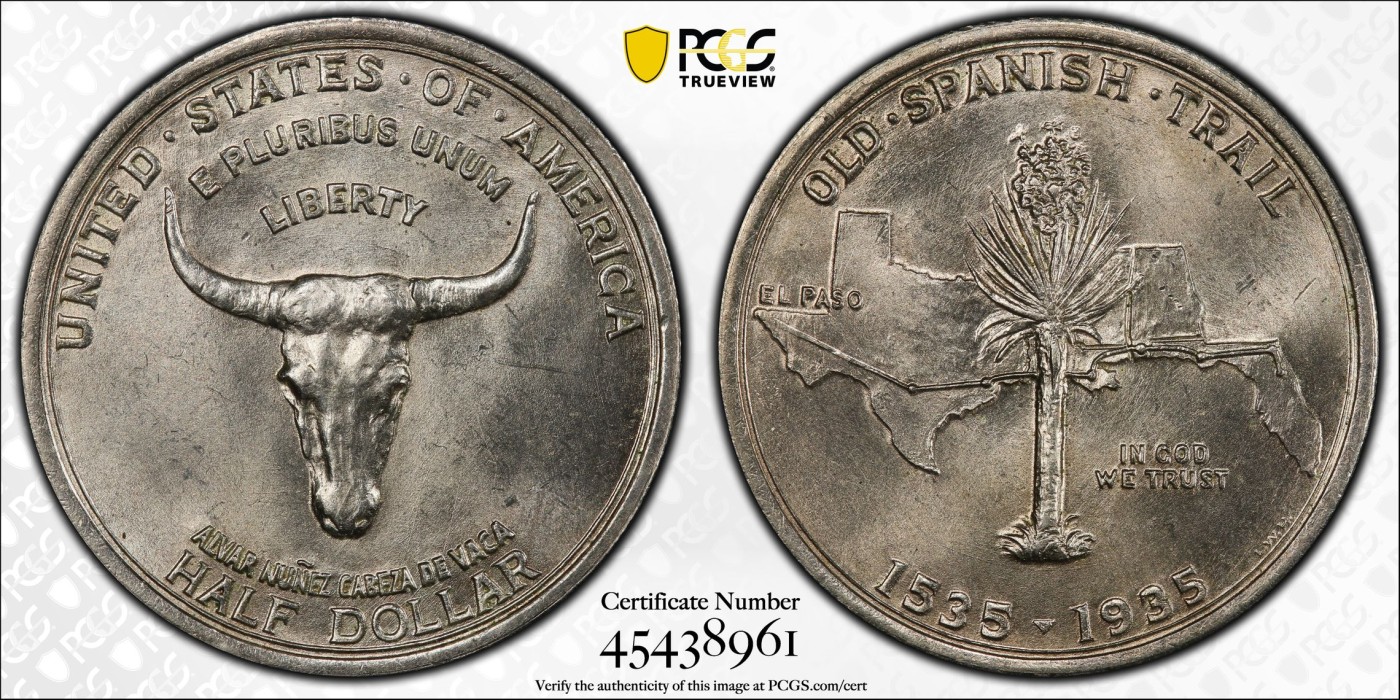 凡希社世界钱币微拍第二百五十八期 荐！1935美国西班牙小道纪念50美分PCGS-MS65 去年一月HA同分成交价1170美金。