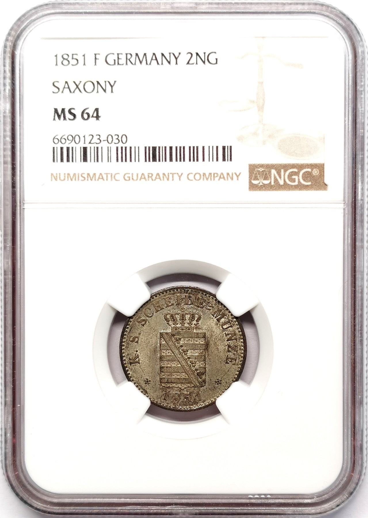 凡希社世界钱币微拍第二百五十八期 1851萨克森20芬尼银辅币NGC-MS64