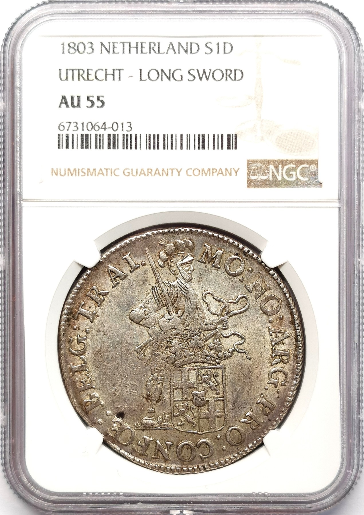 凡希社世界钱币微拍第二百五十八期 1803巴达维亚共和国乌特勒支武士执剑Rijksdaalder大银NGC-AU55 原味柔彩！