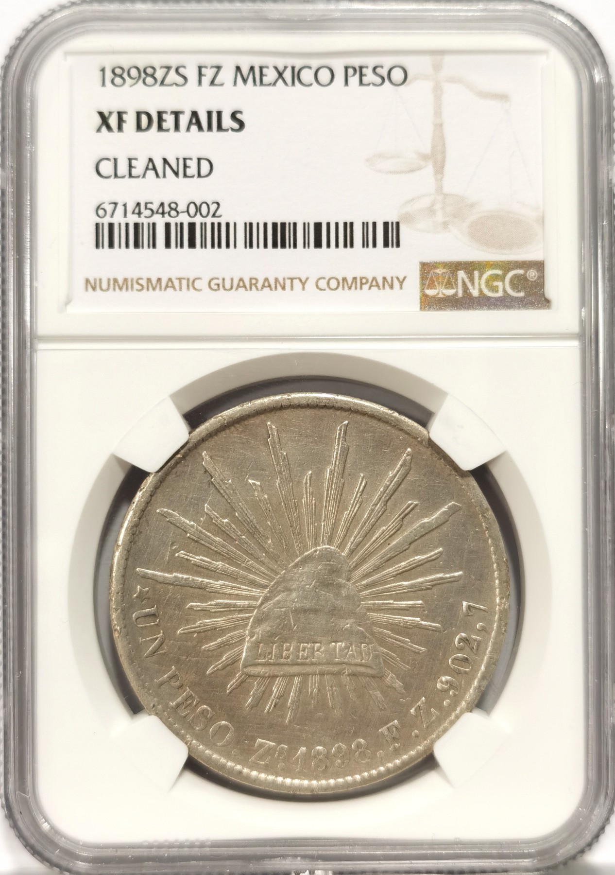 博洋堂世界钱币拍卖第060期（全场包邮） NGC XFD 墨西哥直边鹰洋 Zs1898 1比索 带光美品 低评 老鹰价值洼地