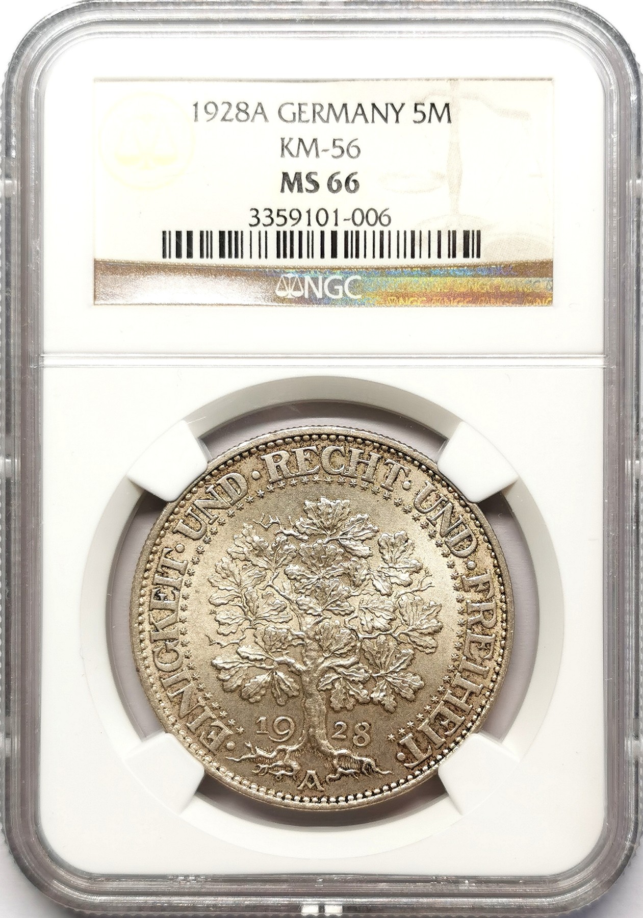 凡希社世界钱币微拍第二百五十八期 1928A魏玛德国橡树5马克流通银币NGC-MS66，N记冠军分，66只有两枚，橡树象征了德意志民族强大的生命力，无法超越的品相天花板！