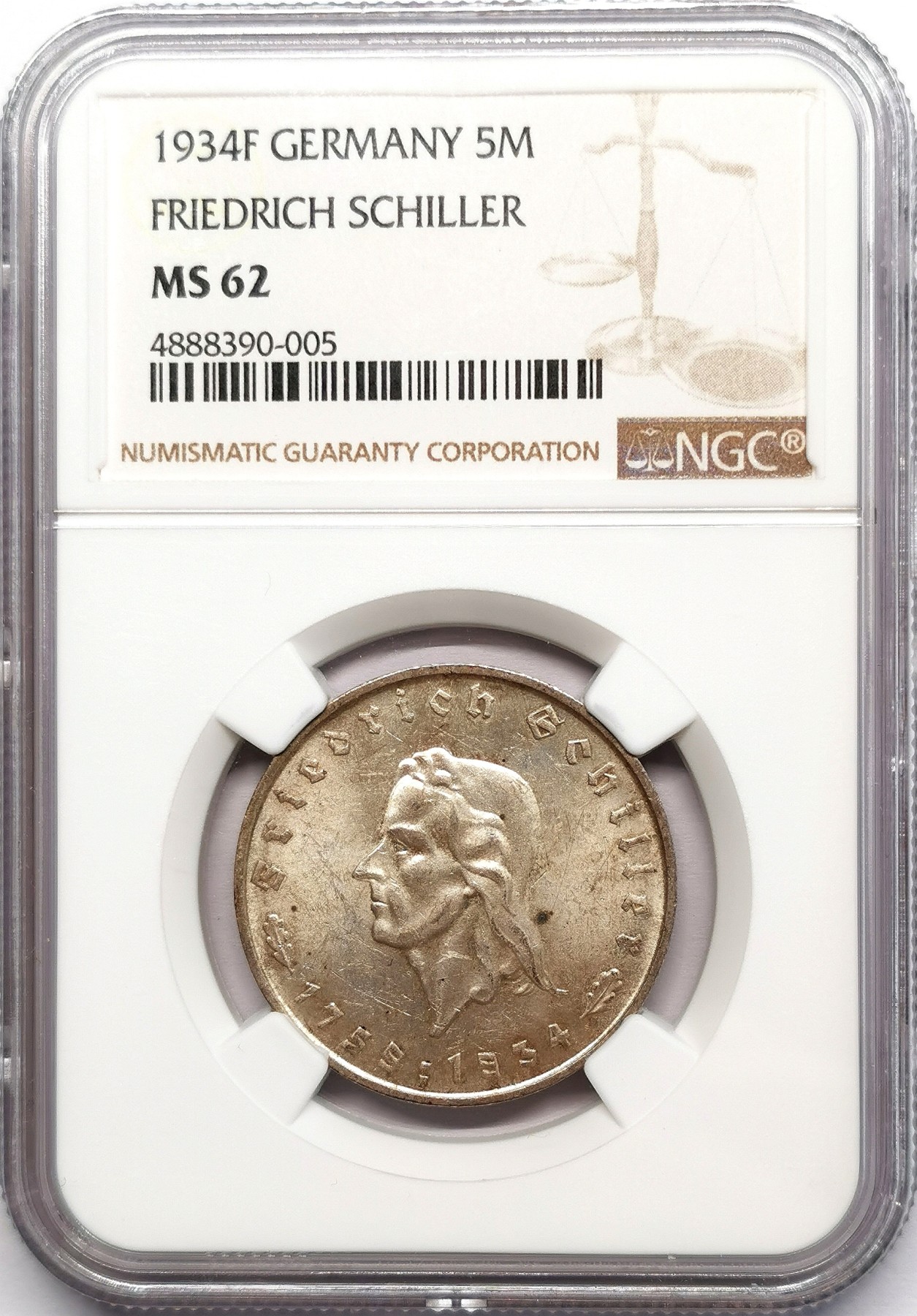 凡希社世界钱币微拍第二百五十八期 1934F德国席勒5马克银币NGC-MS62黄油光！