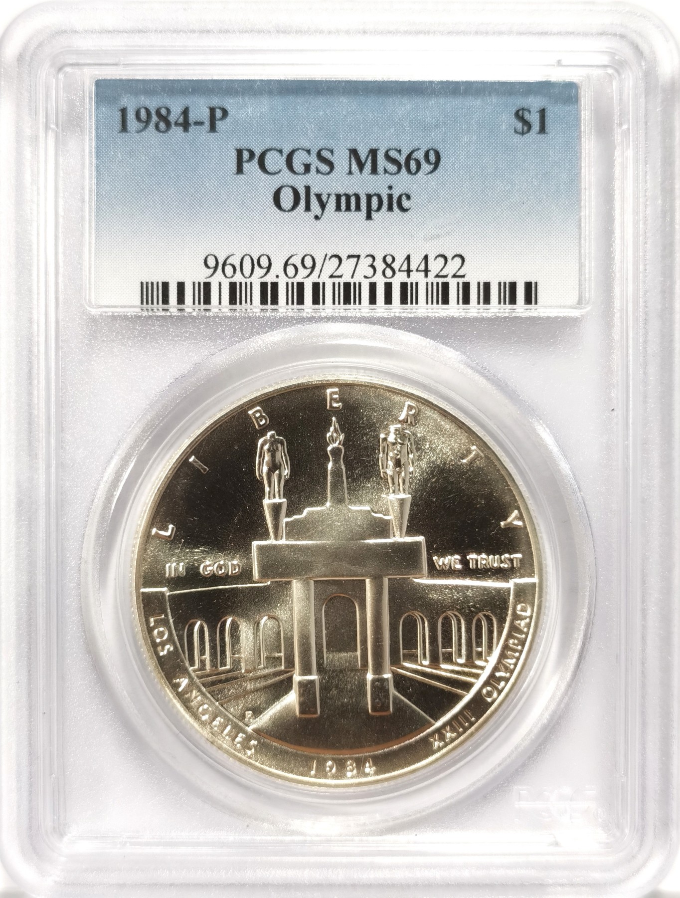 博洋堂世界钱币拍卖第060期（全场包邮） 美国1984年洛杉矶奥运会奥运竞技场/雄鹰1美元纪念银币PCGS-MS69，市场上常见的基本上是精制版，此币为发行量较为稀少的磨砂普制版，状态极佳，PC早期严评老盒无官网图