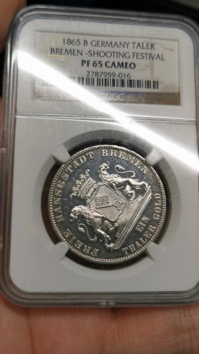 凡希社世界钱币微拍第二百五十八期 荐！1865不来梅射击节泰勒精铸NGC-PF65CAMEO，深度镜面，强烈的视觉冲击感，必定是德系藏家爱不释手的一枚！