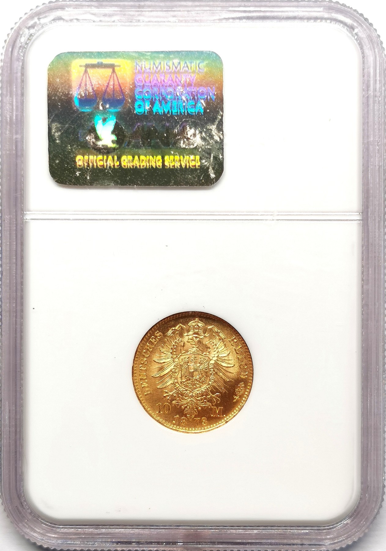 凡希社世界钱币微拍第二百五十八期 1873A德国威廉一世短翅10马克金币NGC-MS67收藏级， 3.982g，900金，N老盒子