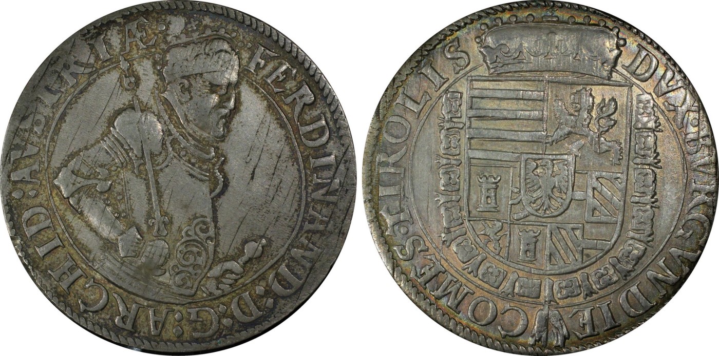 凡希社世界钱币微拍第二百五十八期 荐！1564-97神罗总庭斐迪南执权杖泰勒大银PCGS-AU55，前物主将币取出，实物细节一流，双面彩虹包浆相当精彩！