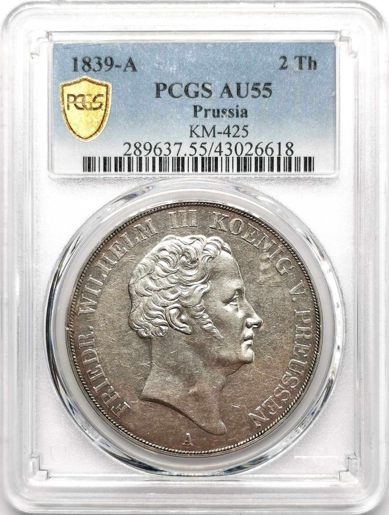 凡希社世界钱币微拍第二百五十八期 1839普鲁士威廉三世2泰勒大银PCGS-AU55，仅发行两年，1839铸造172,000枚，远少于1840年的789,000枚00