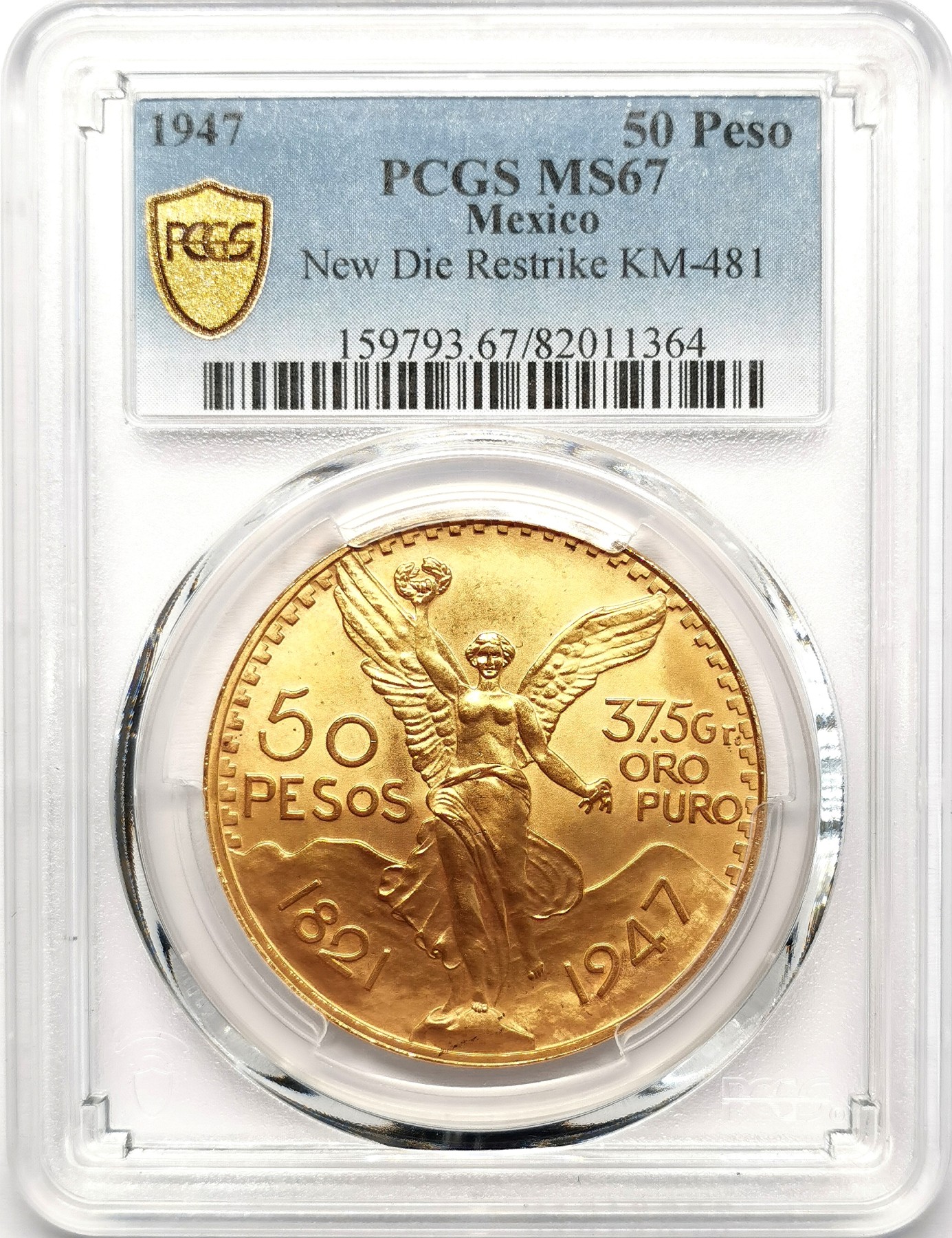 凡希社世界钱币微拍第二百五十八期 1947墨西哥执花环的双翼天使50比索大金PCGS-MS67 41.67g，900金。