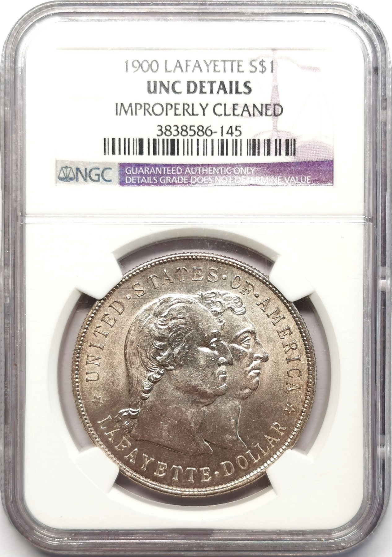 凡希社世界钱币微拍第二百五十八期 1900美国华盛顿与拉法耶特纪念DOLLAR大银NGC-UNCD，整体相当好，背面略有清洗造成的丝痕。