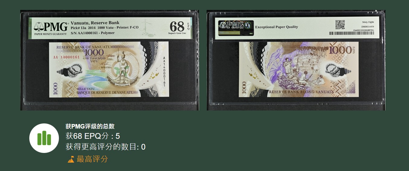 《张总收藏》134期-外币精品畅拍 瓦努阿图2014年1000瓦图AA冠PMG68E冠军分百位倒置161号 AA14是2014年年份缩写