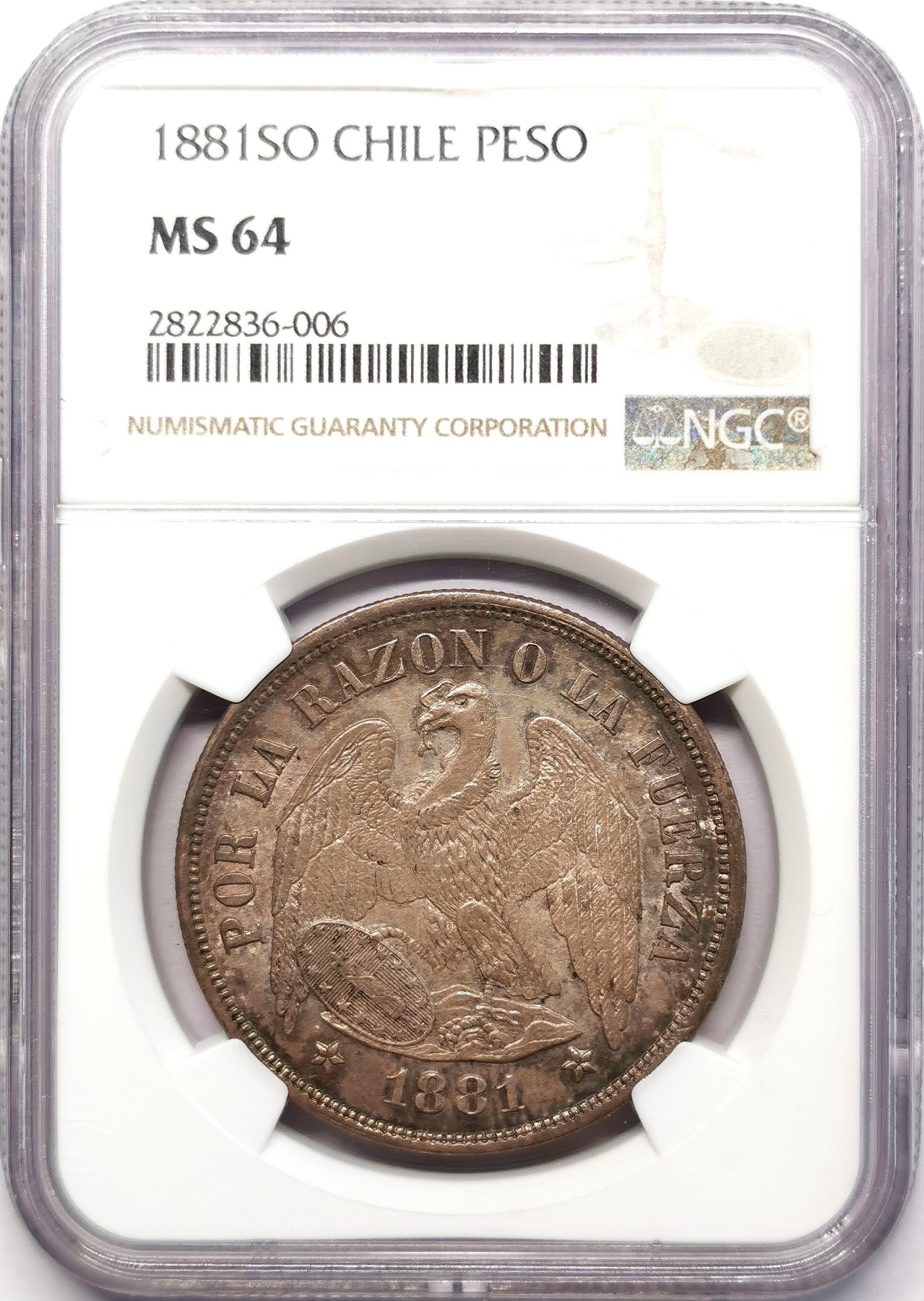 凡希社世界钱币微拍第二百五十八期 1881SO智利自由鹰比索大银NGC-MS64传世包浆，极富魅力的双面铁锈红油彩！