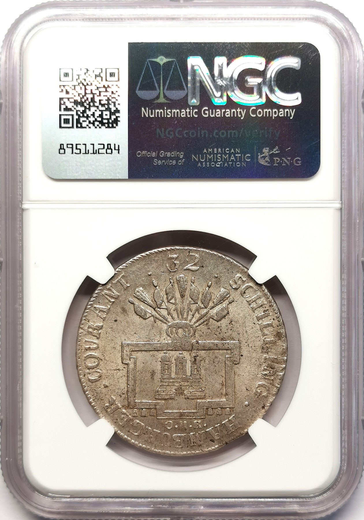 凡希社世界钱币微拍第二百五十八期 1797汉堡自由市双头鹰32先令（2/3泰勒）银币NGC-MS64 淡彩粉光品！