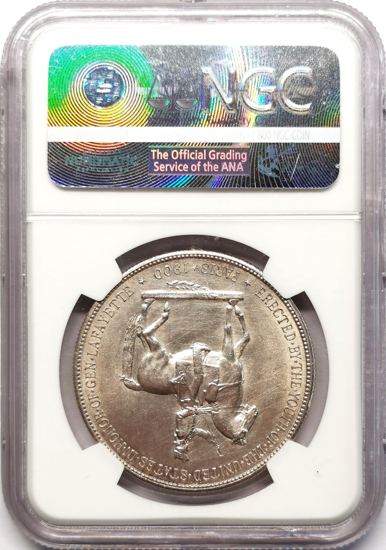 凡希社世界钱币微拍第二百五十八期 1900美国华盛顿与拉法耶特纪念DOLLAR大银NGC-UNCD，整体相当好，背面略有清洗造成的丝痕。