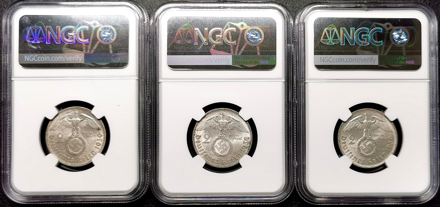 凡希社世界钱币微拍第二百五十八期 1939德国兴登堡2马克三枚一组NGC