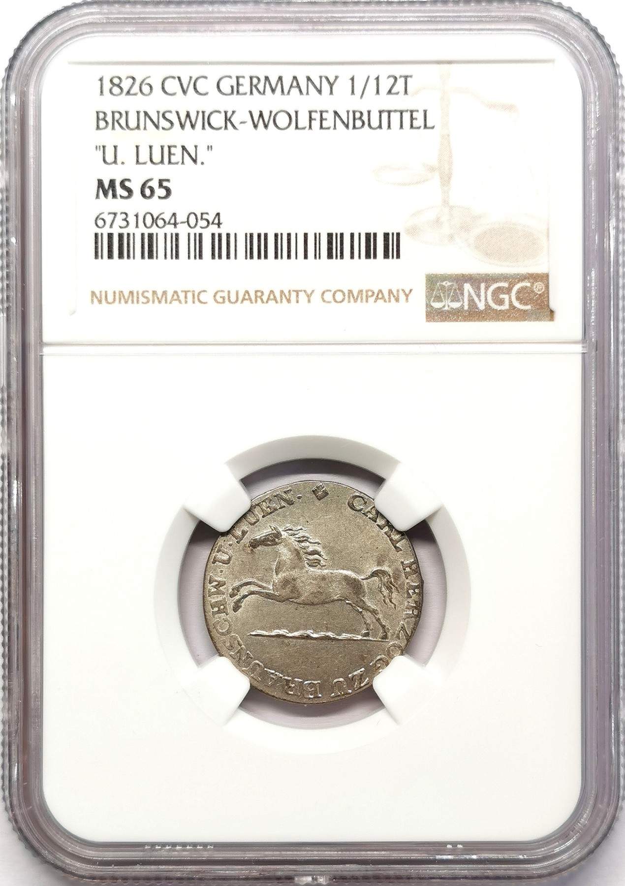 凡希社世界钱币微拍第二百五十八期 1826布伦瑞克沃芬伯特飞马1/12泰勒银辅币NGC-MS65高分顶级品！