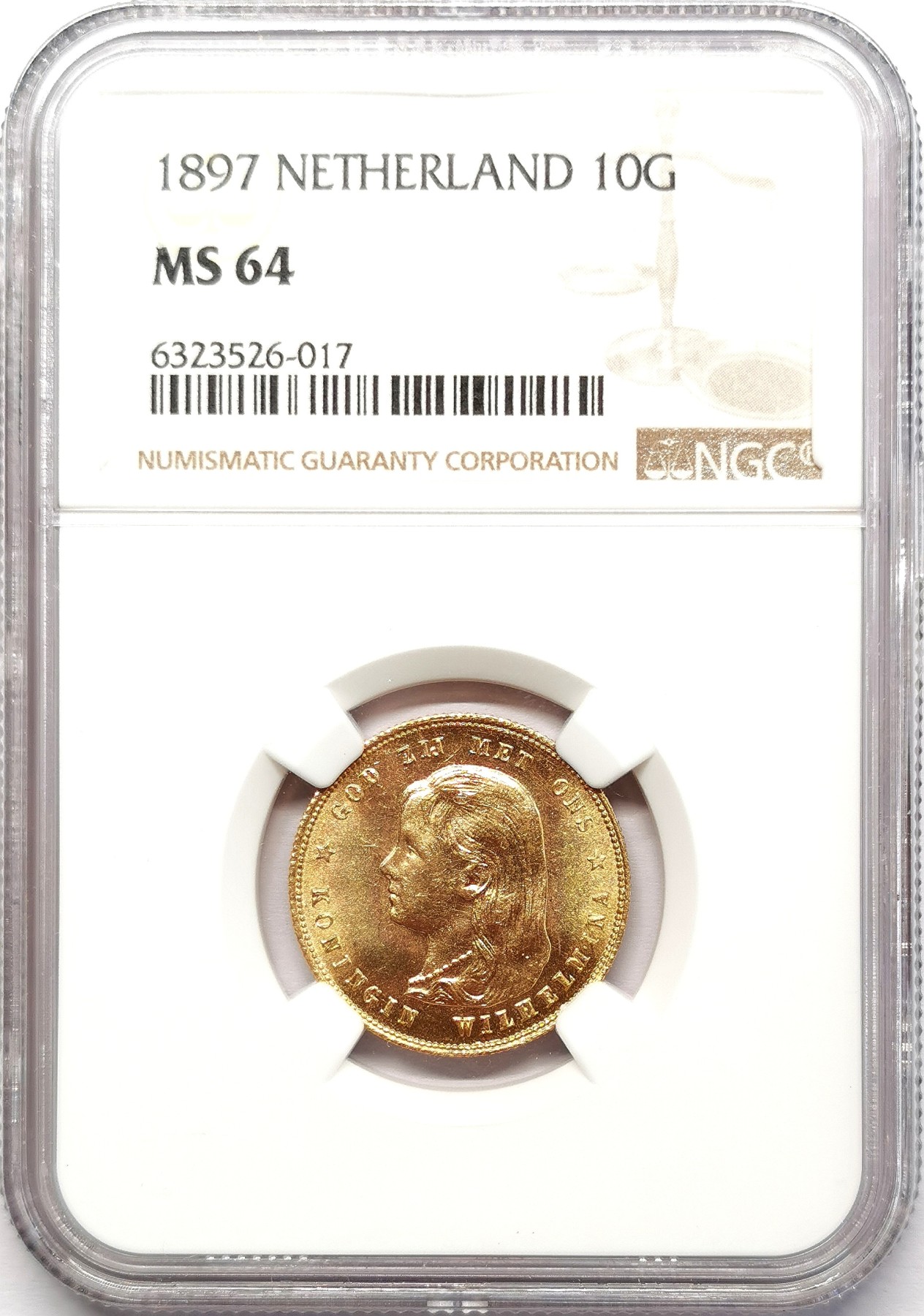 凡希社世界钱币微拍第二百五十八期 1897荷兰威廉敏娜10盾金币NGC-MS64 6.729g，900金