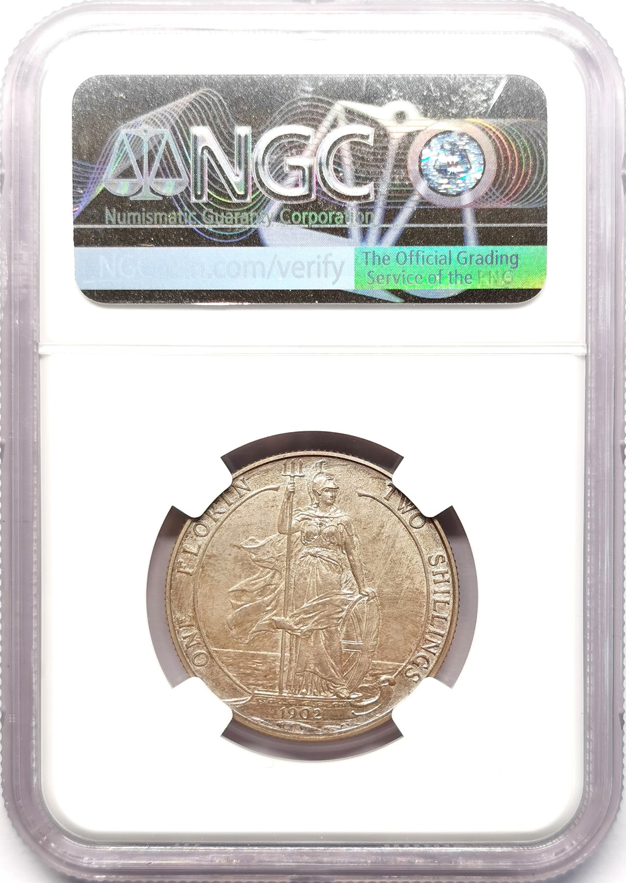 凡希社世界钱币微拍第二百五十八期 1902英国爱七海边不列颠尼亚佛罗林银币精铸NGC-PF64MATTE，淡彩黄光！