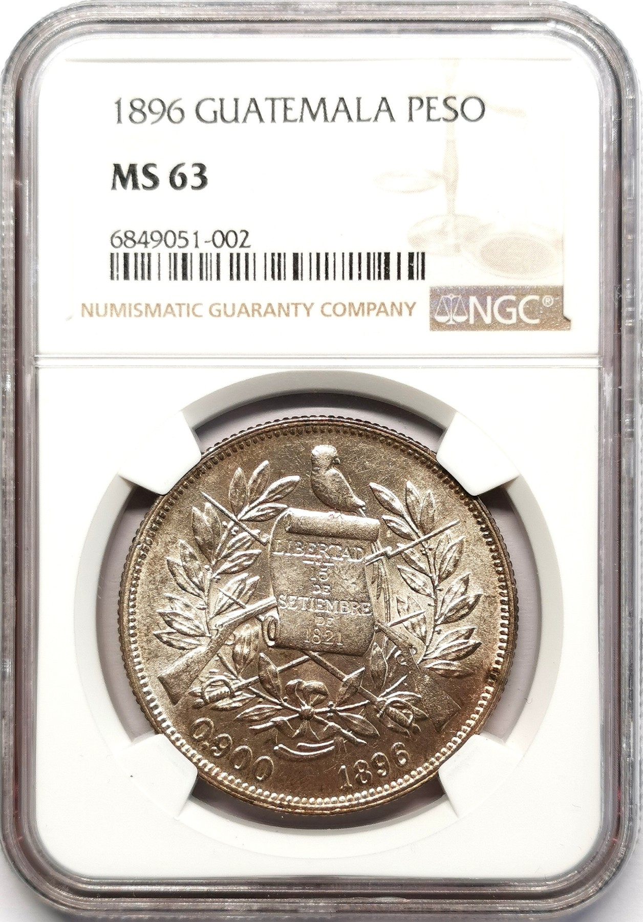 凡希社世界钱币微拍第二百五十八期 1896危地马拉执丰饶角的正义女神比索大银NGC-MS63淡彩银光品！