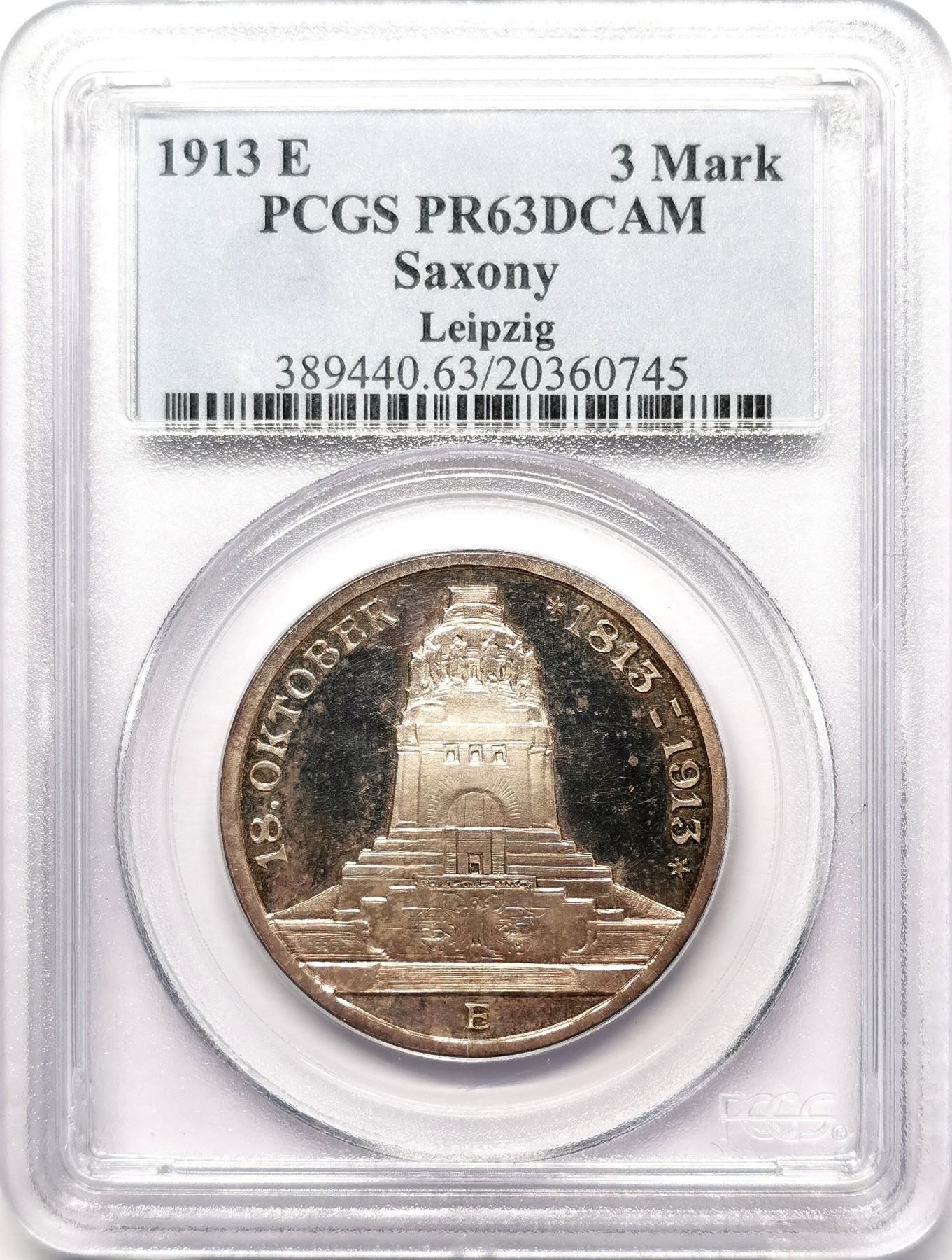 凡希社世界钱币微拍第二百五十八期 1913萨克森莱比锡纪念碑3马克精铸PCGS-PR63DCAM