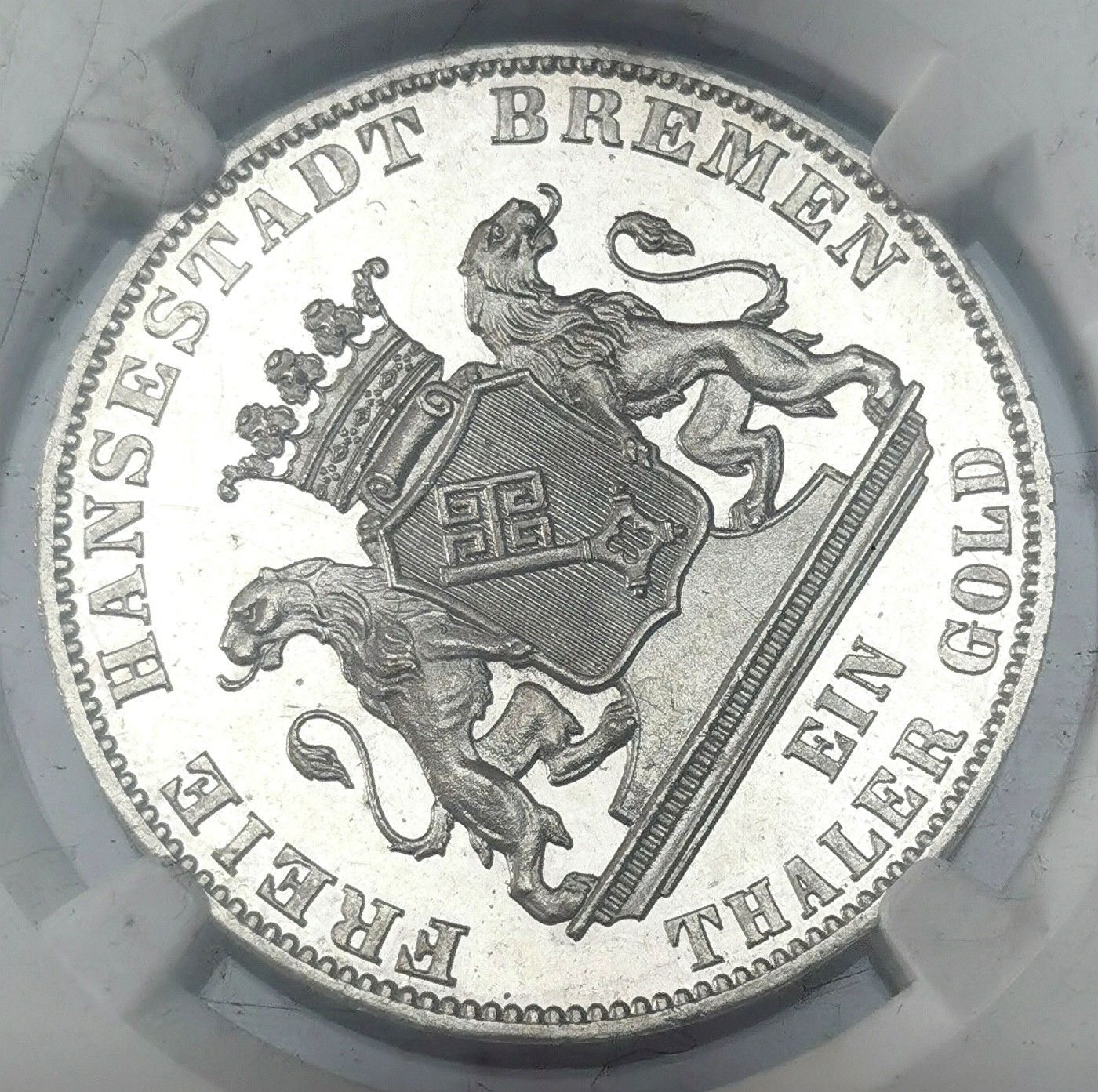 凡希社世界钱币微拍第二百五十八期 荐！1865不来梅射击节泰勒精铸NGC-PF65CAMEO，深度镜面，强烈的视觉冲击感，必定是德系藏家爱不释手的一枚！