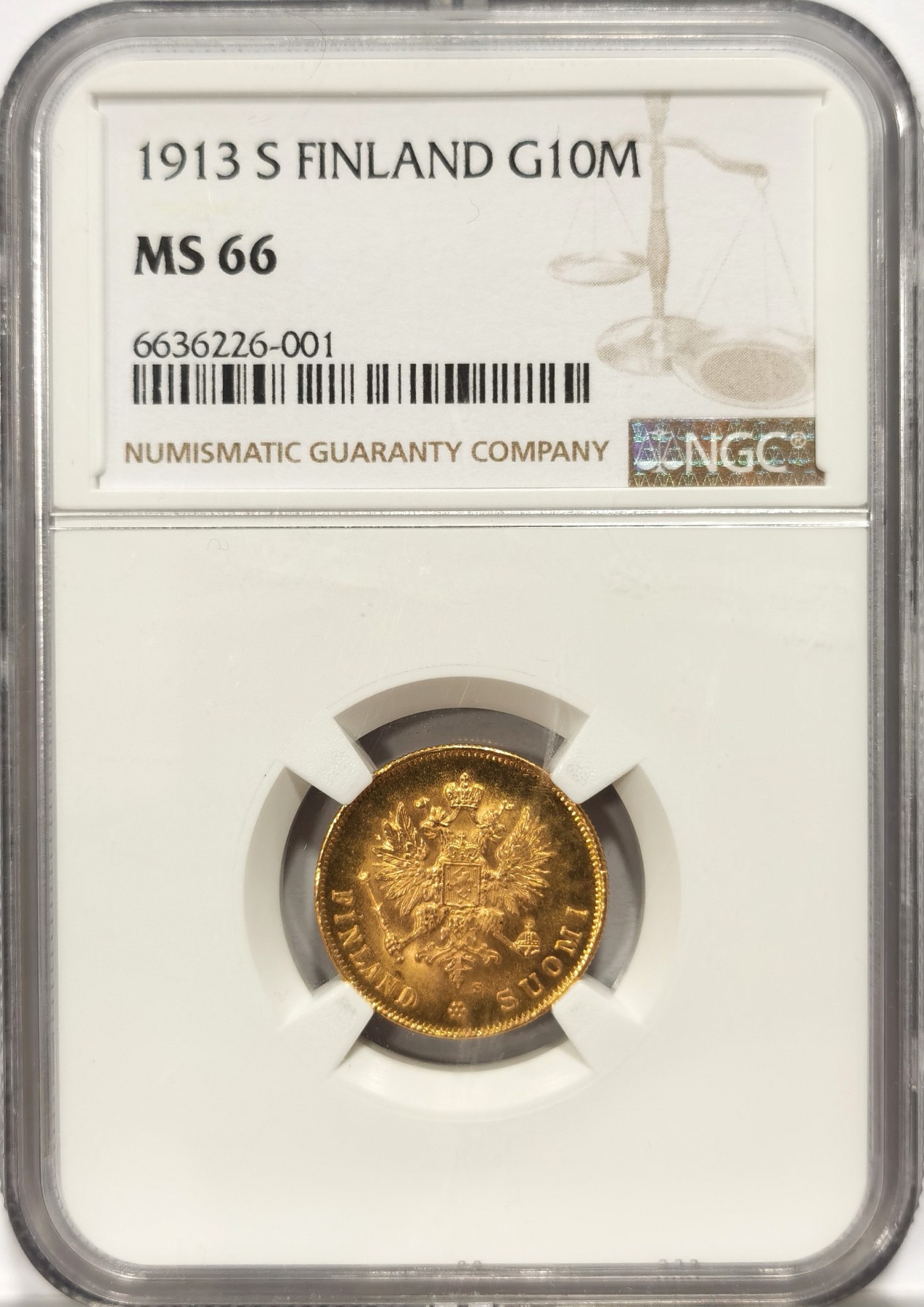 博洋堂世界钱币拍卖第060期（全场包邮） NGC MS66 俄属芬兰1913年经典双头鹰10马克金币，国内所见最高分，铸量仅39.6万枚
