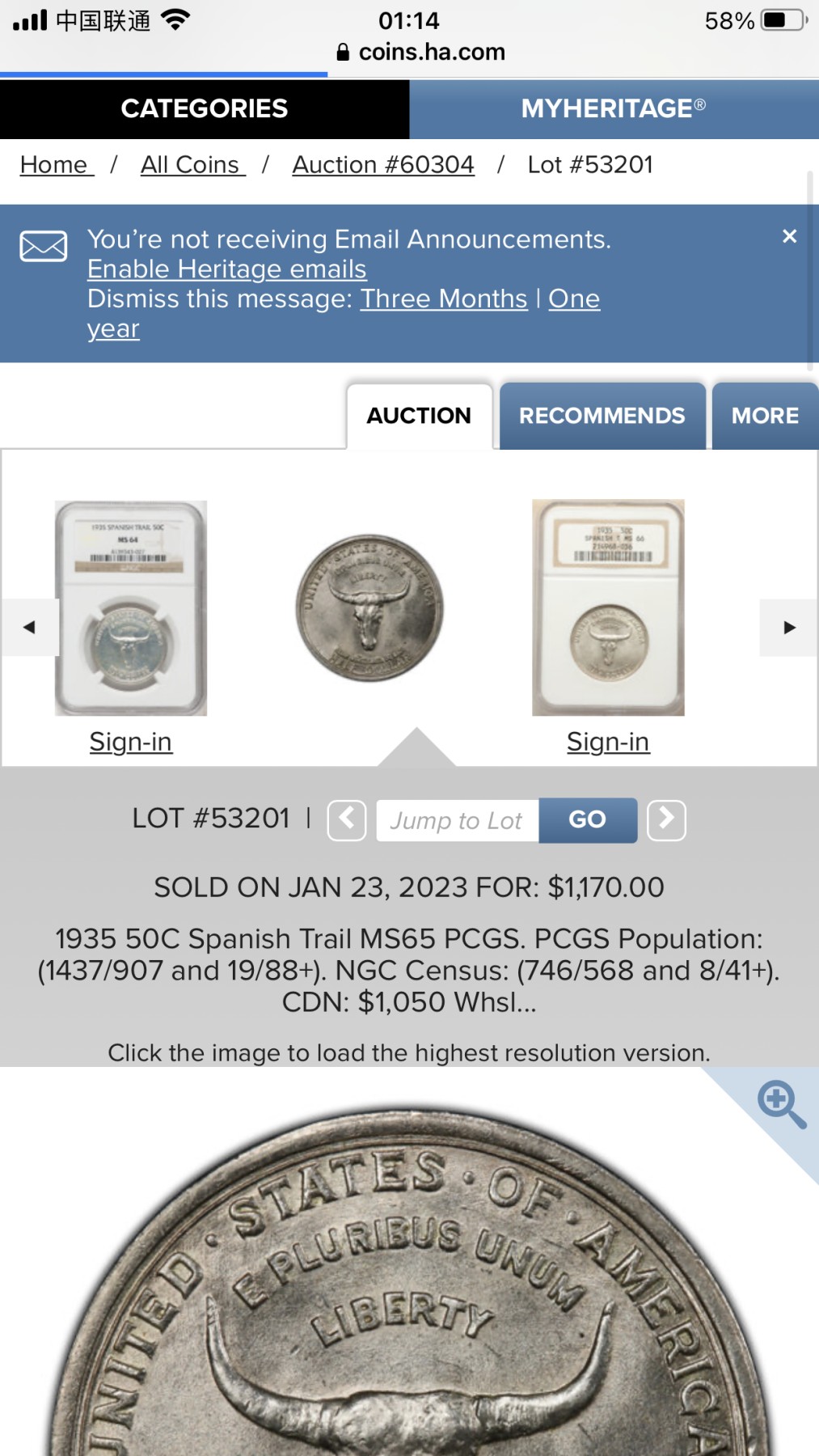 凡希社世界钱币微拍第二百五十八期 荐！1935美国西班牙小道纪念50美分PCGS-MS65 去年一月HA同分成交价1170美金。