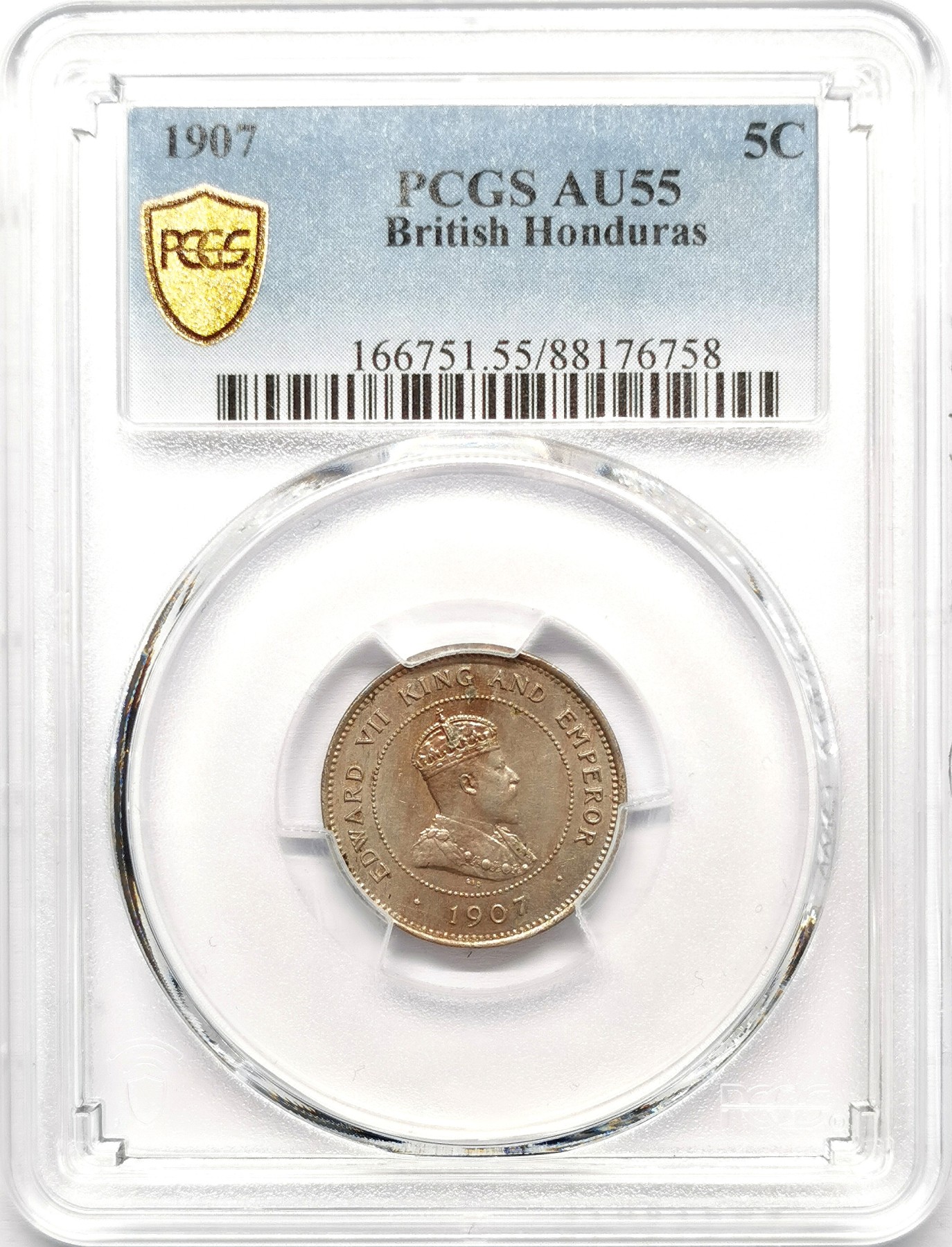 凡希社世界钱币微拍第二百五十八期 1907英属洪都拉斯爱七5分PCGS-AU55，key type两年型，发行仅仅10000枚，大多腐蚀且品相差，AU高品已属罕见，HA两年前一枚P62得价12000RMB