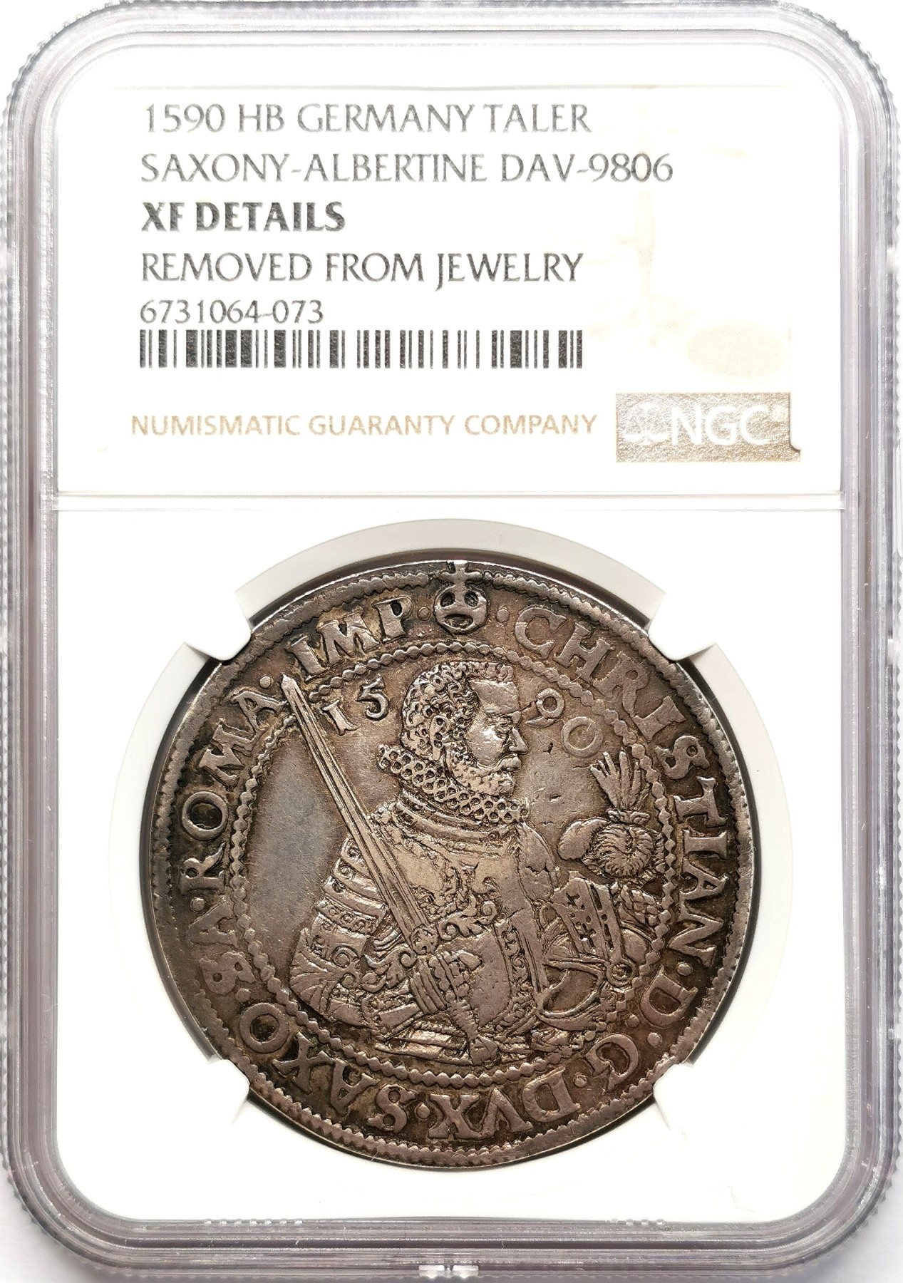 凡希社世界钱币微拍第二百五十八期 1590萨克森-阿伯丁克里斯蒂安执剑大型泰勒NGC-XFD 古朴厚重优美！