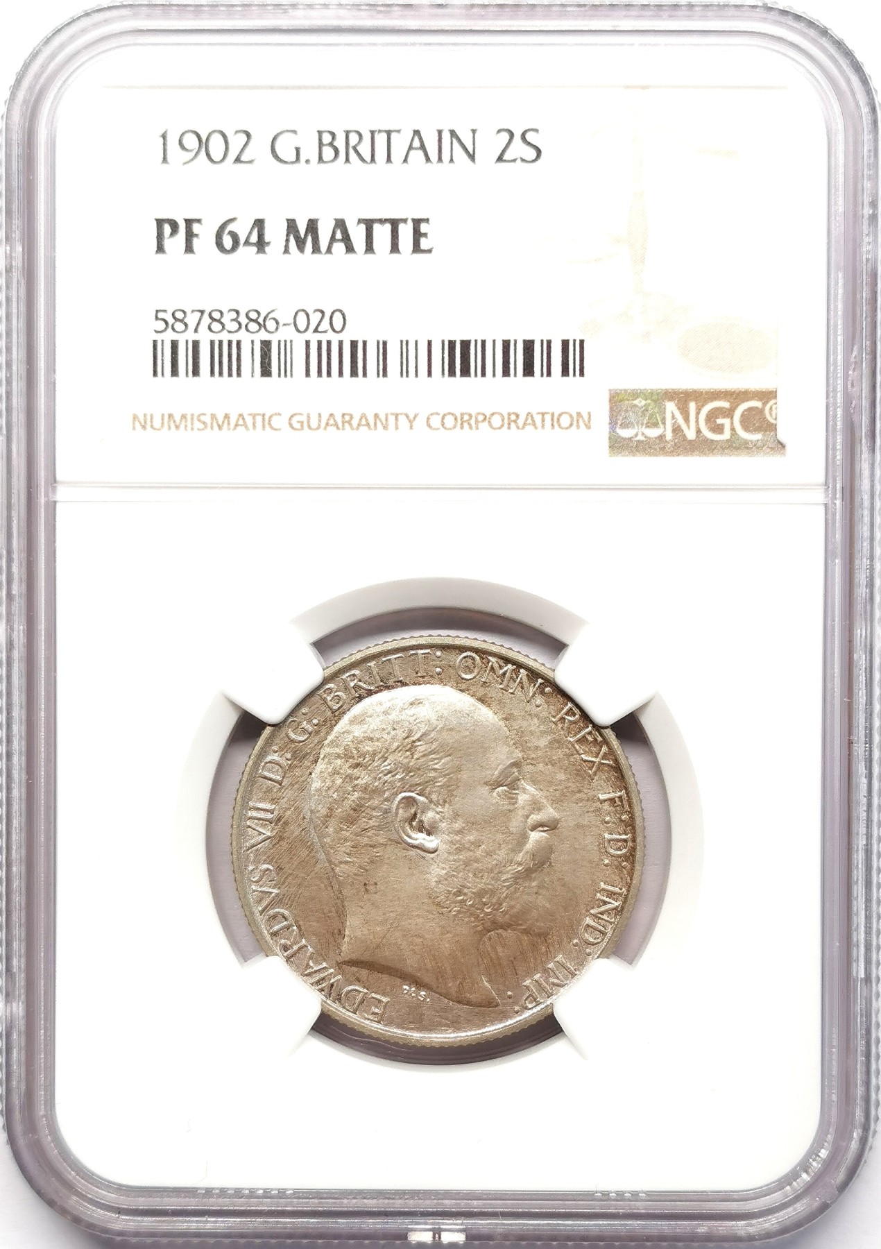 凡希社世界钱币微拍第二百五十八期 1902英国爱七海边不列颠尼亚佛罗林银币精铸NGC-PF64MATTE，淡彩黄光！