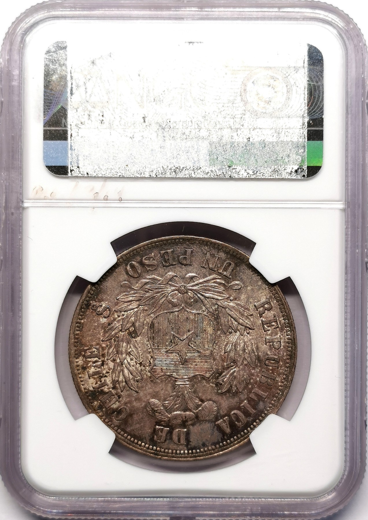 凡希社世界钱币微拍第二百五十八期 1881SO智利自由鹰比索大银NGC-MS64传世包浆，极富魅力的双面铁锈红油彩！