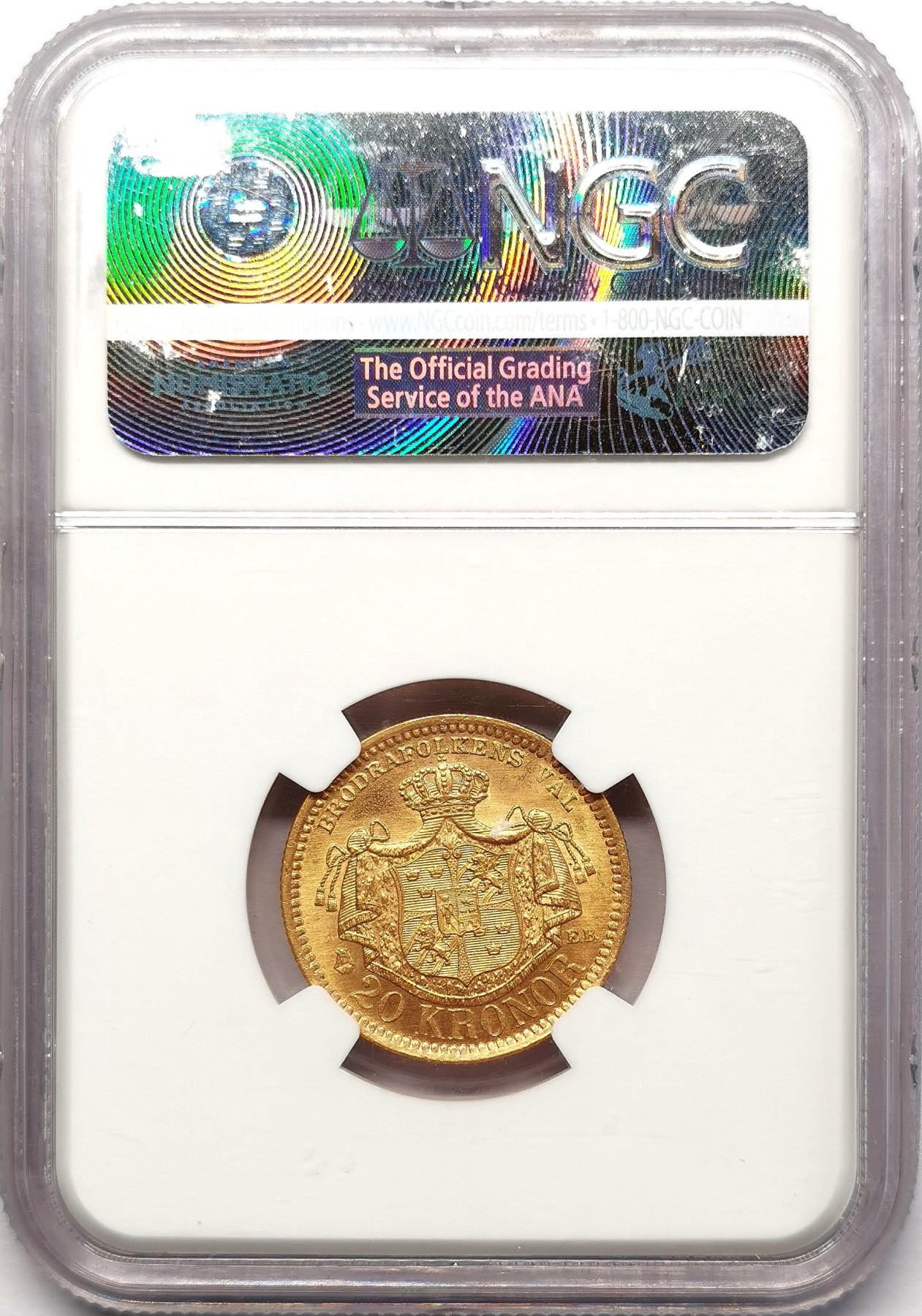 凡希社世界钱币微拍第二百五十八期 1889EB瑞典奥斯卡二世20克朗金币NGC-MS65收藏级！ 8.960g，900金