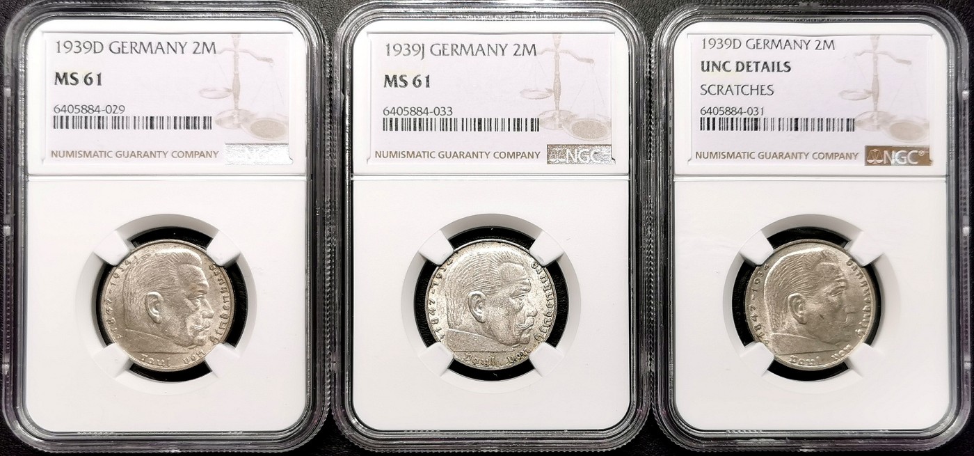 凡希社世界钱币微拍第二百五十八期 1939德国兴登堡2马克三枚一组NGC