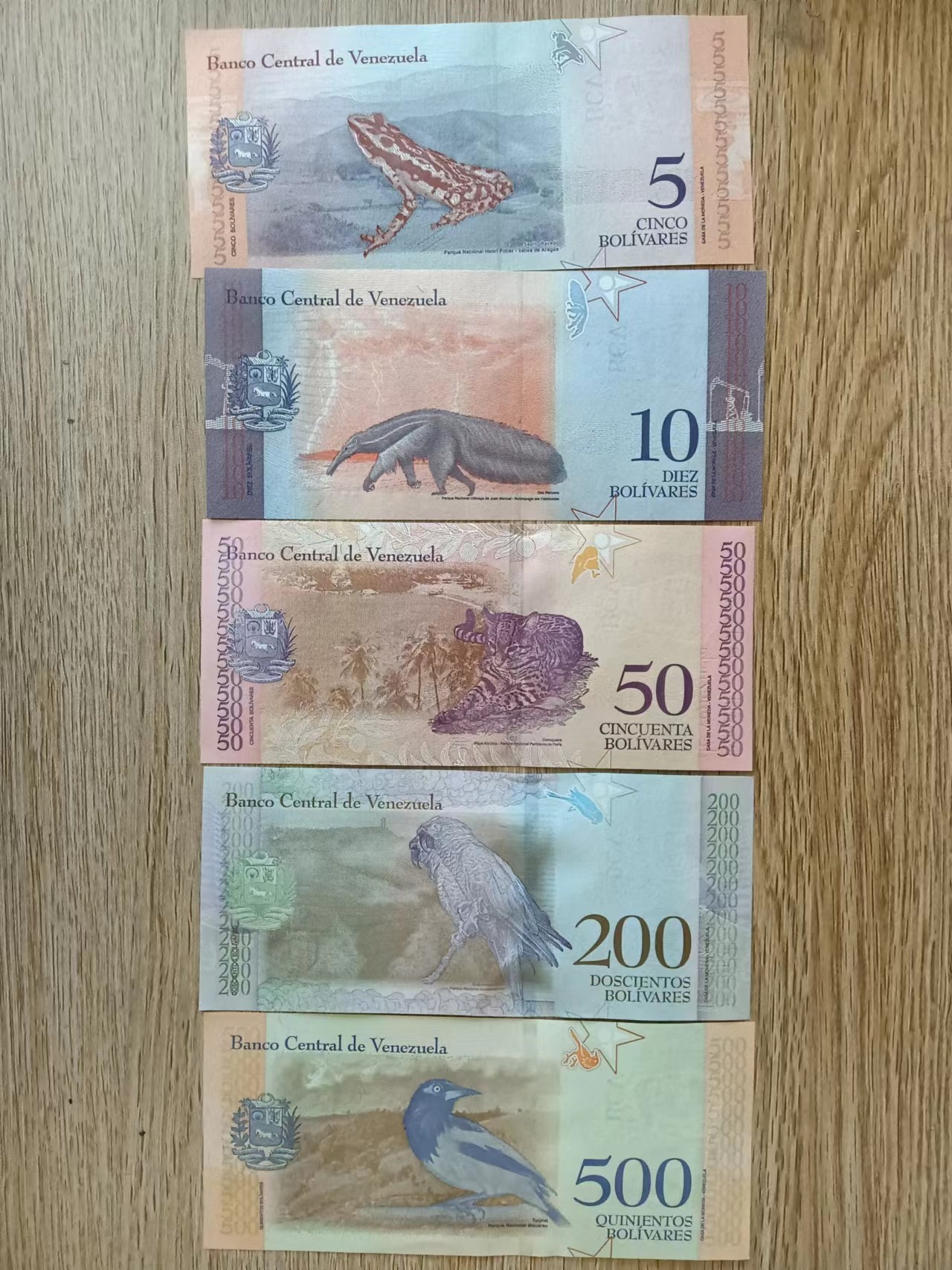 旧藏出货第一期 委内瑞拉玻利瓦尔五张，品相全新