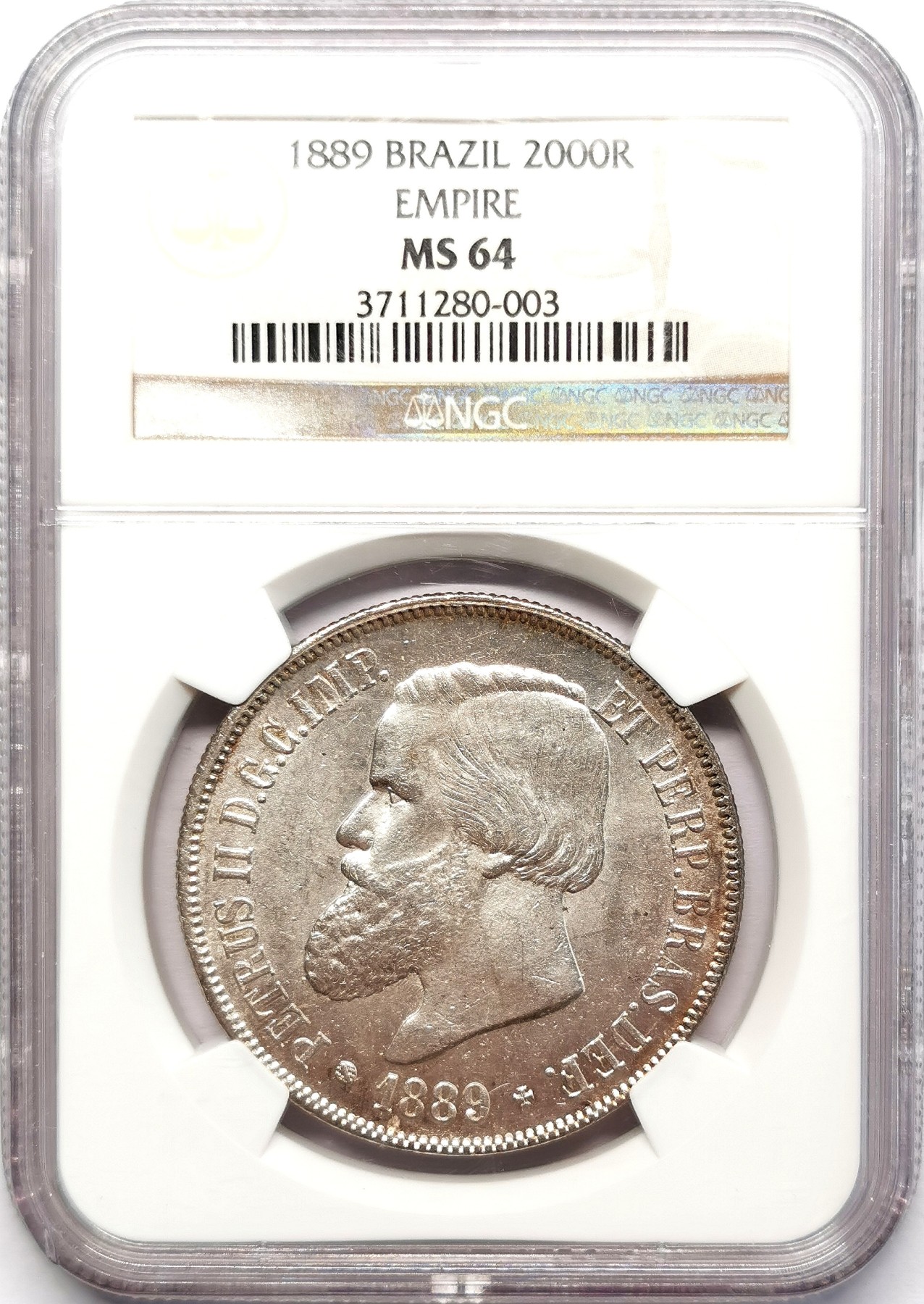 凡希社世界钱币微拍第二百五十八期 1889巴西帝国“高尚者”佩德罗二世5000R大银NGC-MS64 养眼的原色银光，一步到位的品相，大胡子套系关门币，最为人所知的巴西克朗型大银。，