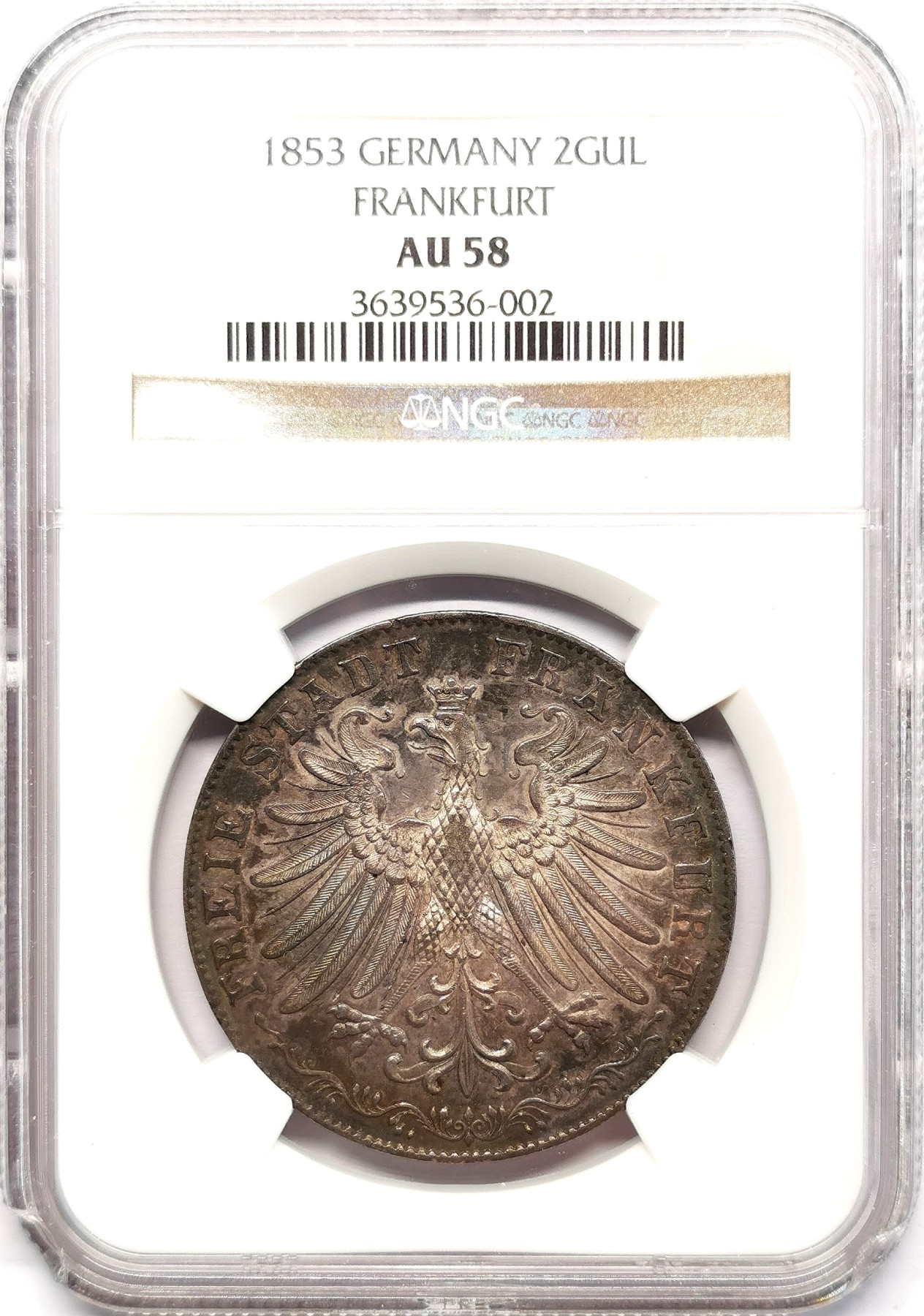 凡希社世界钱币微拍第二百五十八期 1853法兰克福自由市2盾流通银币NGC-AU58迷人的黑彩！