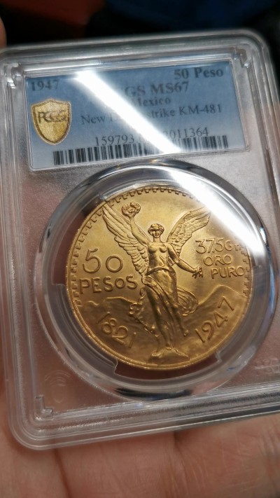 凡希社世界钱币微拍第二百五十八期 1947墨西哥执花环的双翼天使50比索大金PCGS-MS67 41.67g，900金。