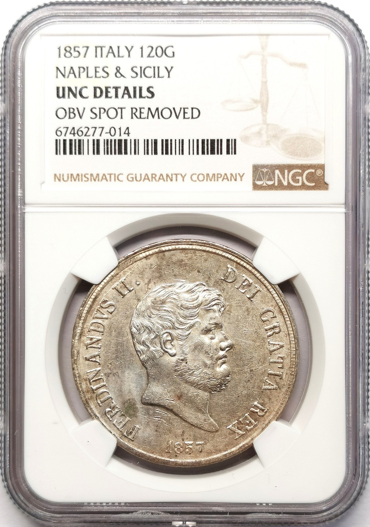 凡希社世界钱币微拍第二百五十八期 1857那不勒斯与西西里120G大银NGC-UNCD