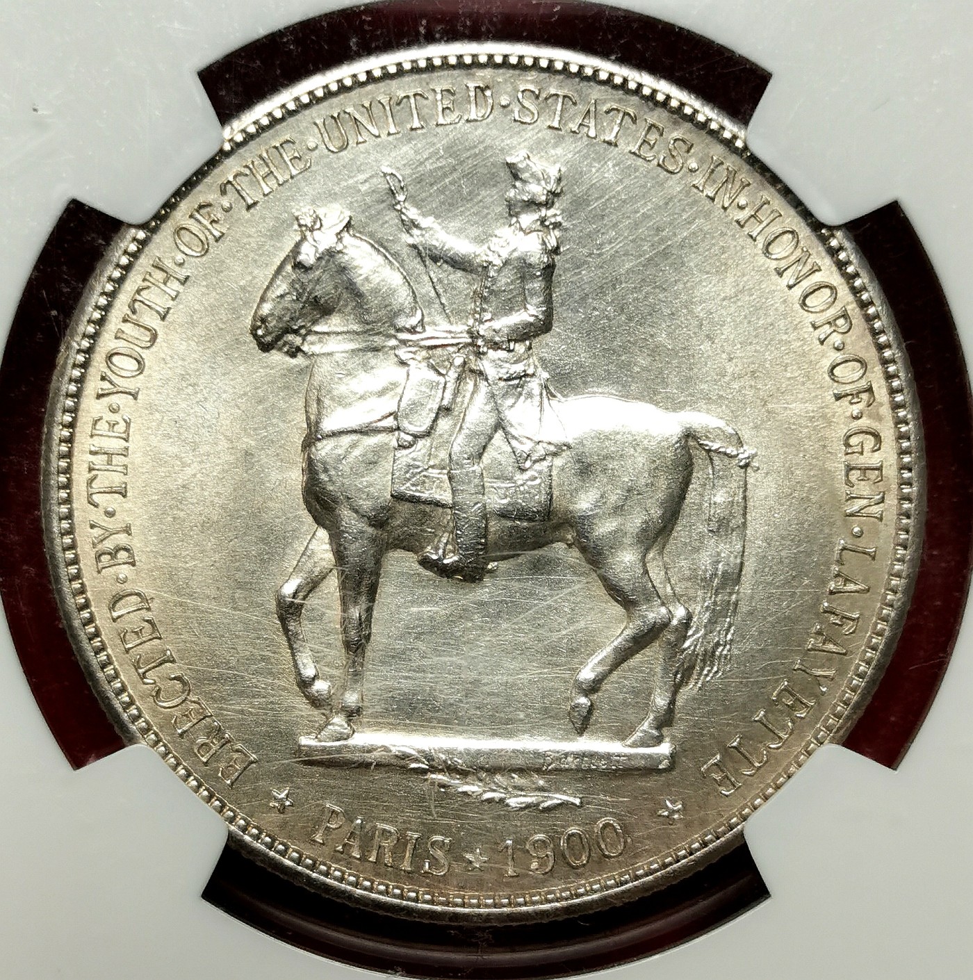 凡希社世界钱币微拍第二百五十八期 1900美国华盛顿与拉法耶特纪念DOLLAR大银NGC-UNCD，整体相当好，背面略有清洗造成的丝痕。