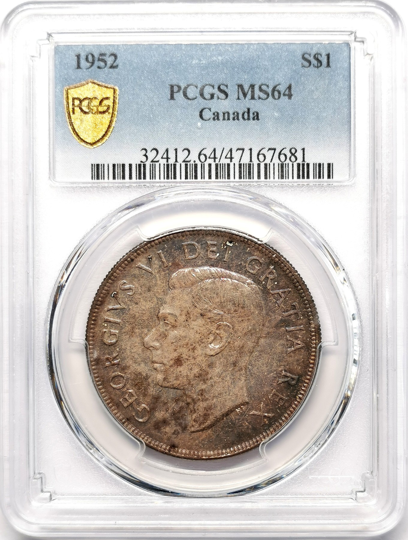 凡希社世界钱币微拍第二百五十八期 1952加拿大乔六aDollar大银PCGS-MS64绝美的浓郁五彩！