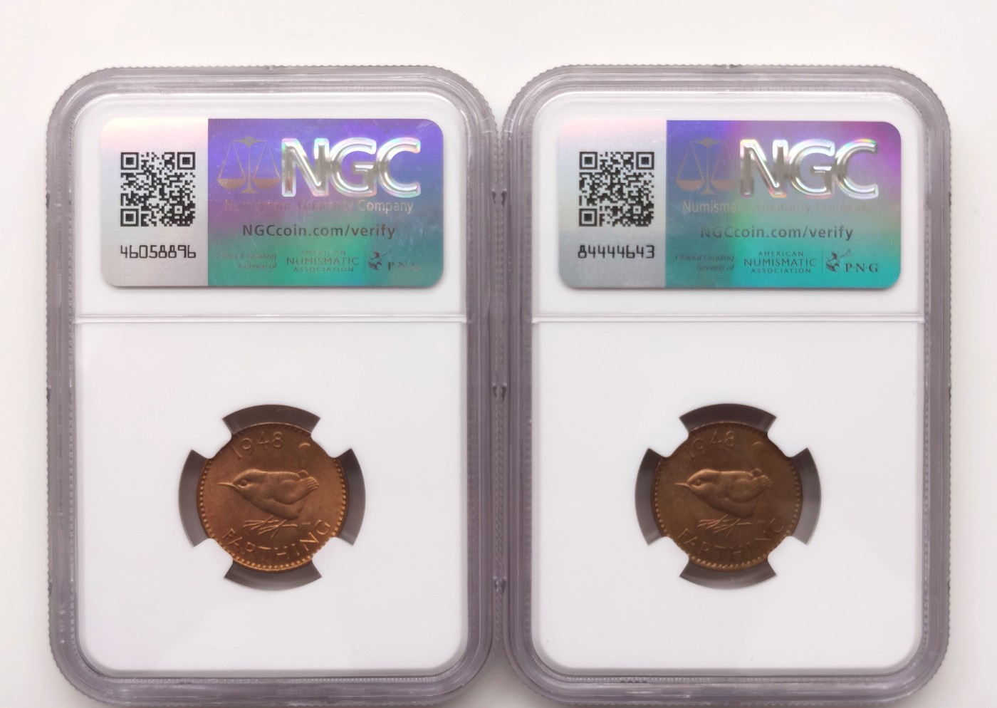 博洋堂世界钱币拍卖第060期（全场包邮） NGC MS64RB 英国1948年乔治六世1/4便士2枚一对