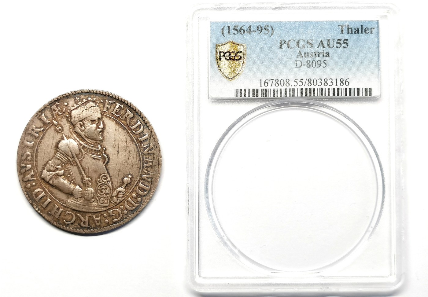 凡希社世界钱币微拍第二百五十八期 荐！1564-97神罗总庭斐迪南执权杖泰勒大银PCGS-AU55，前物主将币取出，实物细节一流，双面彩虹包浆相当精彩！