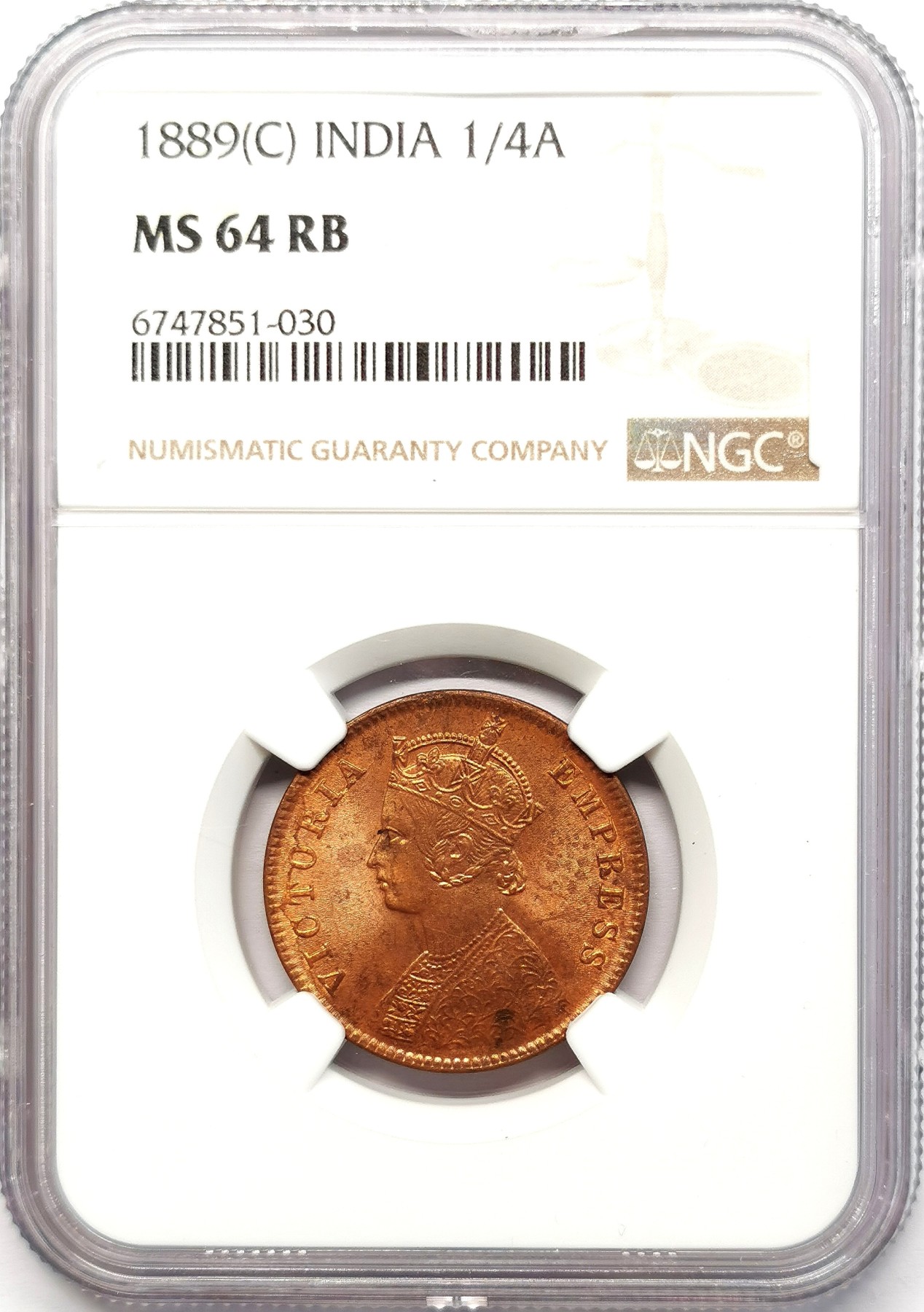 凡希社世界钱币微拍第二百五十八期 1889C英属印度小维1/4安那铜币NGC-MS64