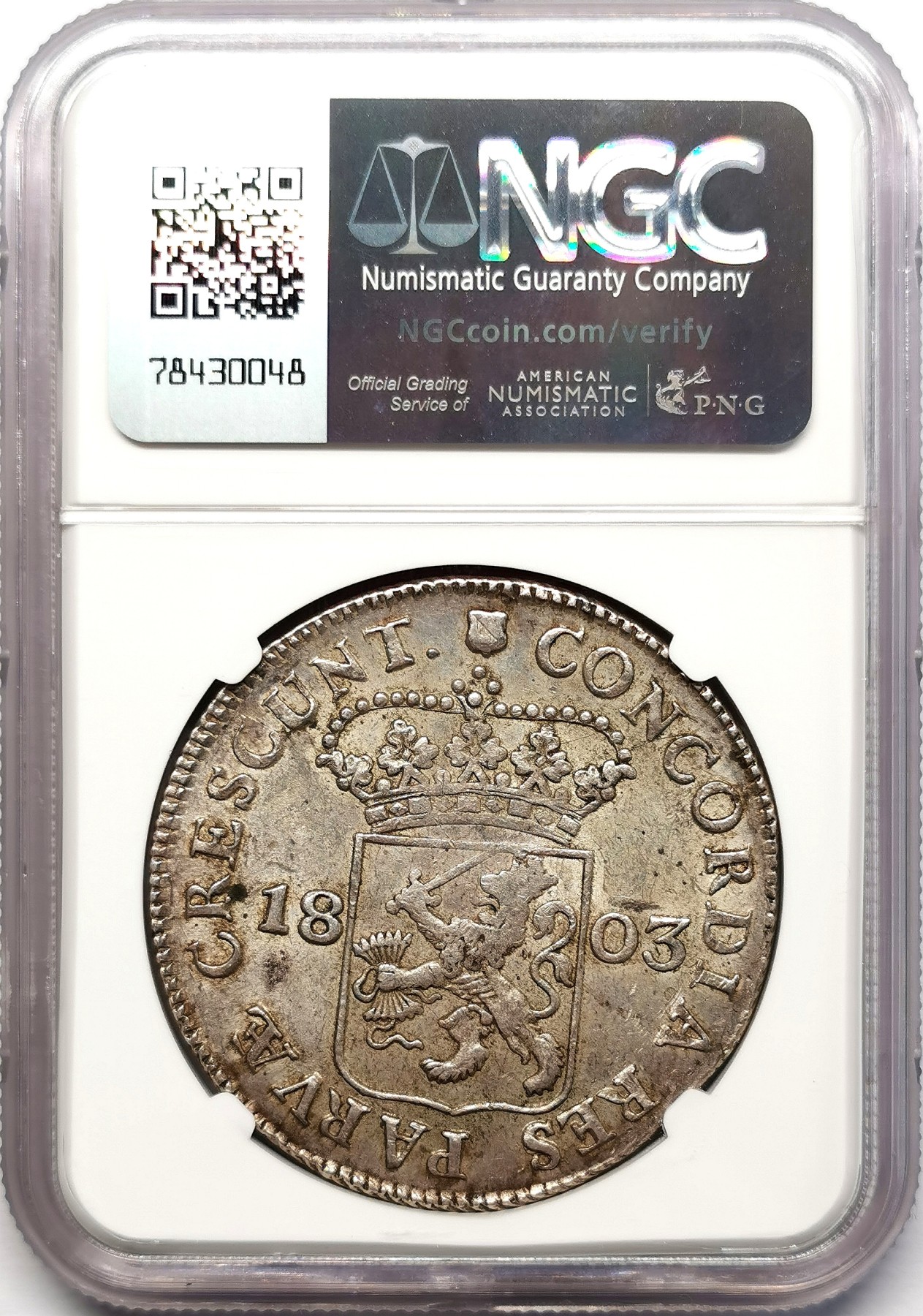 凡希社世界钱币微拍第二百五十八期 1803巴达维亚共和国乌特勒支武士执剑Rijksdaalder大银NGC-AU55 原味柔彩！