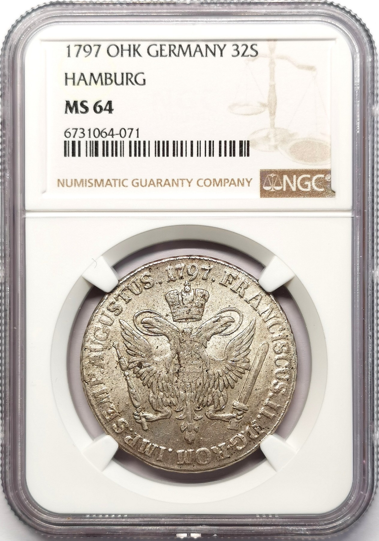 凡希社世界钱币微拍第二百五十八期 1797汉堡自由市双头鹰32先令（2/3泰勒）银币NGC-MS64 淡彩粉光品！